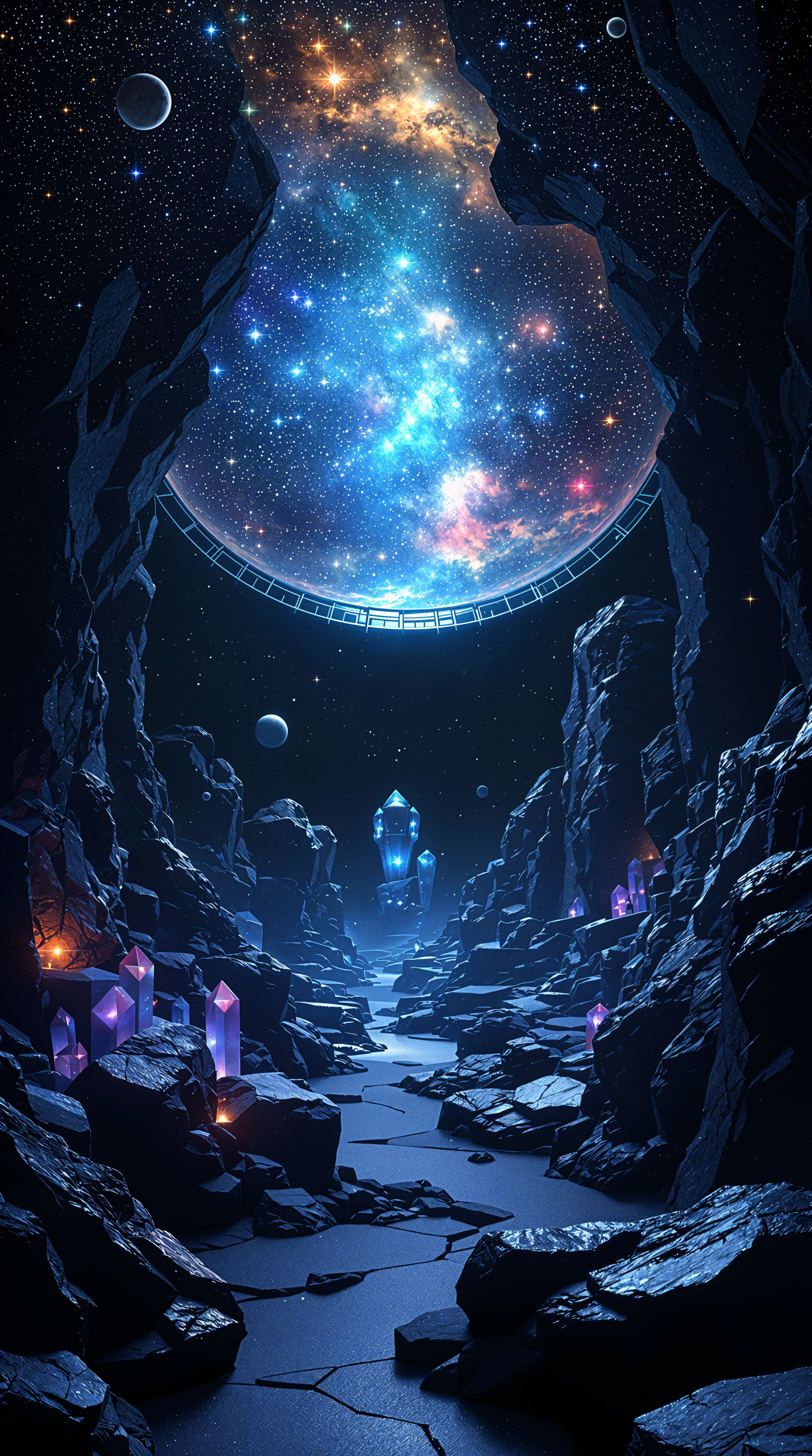 A mystical planetarium scene featuring a starry sky above rocky terrain, illuminated crystals, and a futuristic structure, creating a captivating phone wallpaper.