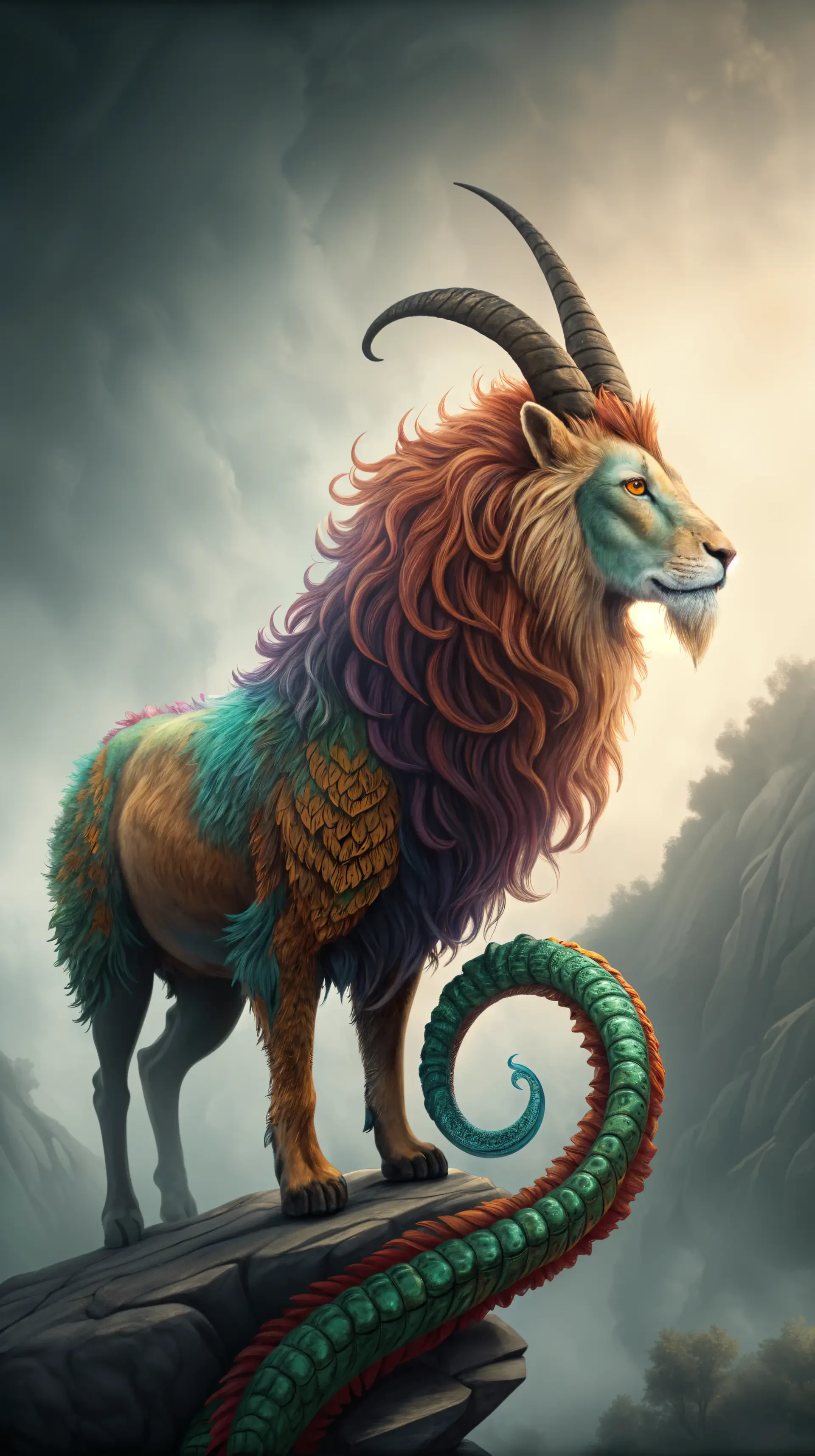 Colorful mythical chimera blending lion, goat, and serpent features, standing majestically on a rocky cliff—designed as a vibrant phone wallpaper for iPhones and Android devices.