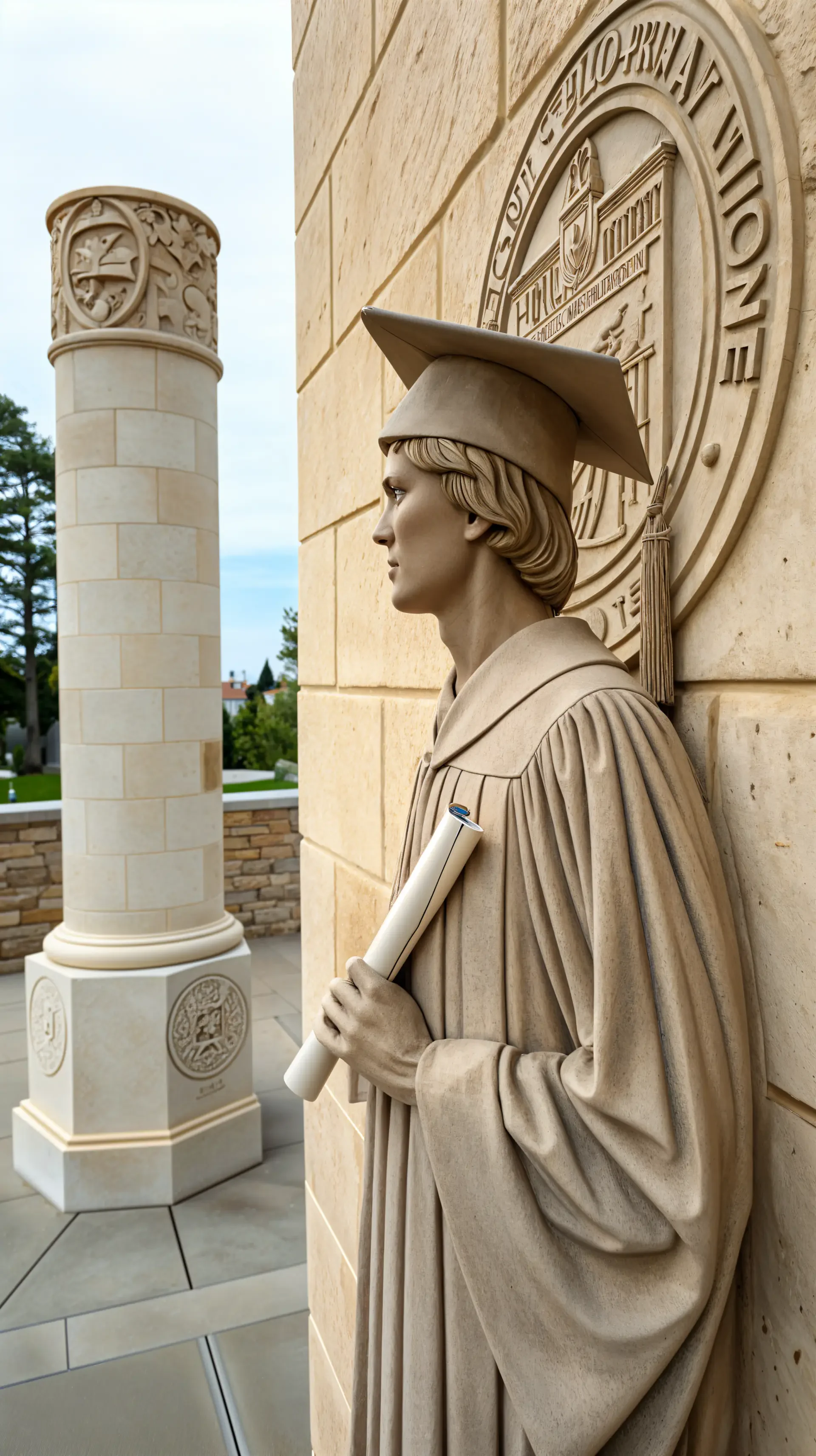 A detailed stone sculpture of a graduate holding a diploma stands beside an emblematic column, capturing the essence of graduation and achievement, ideal for a phone wallpaper.