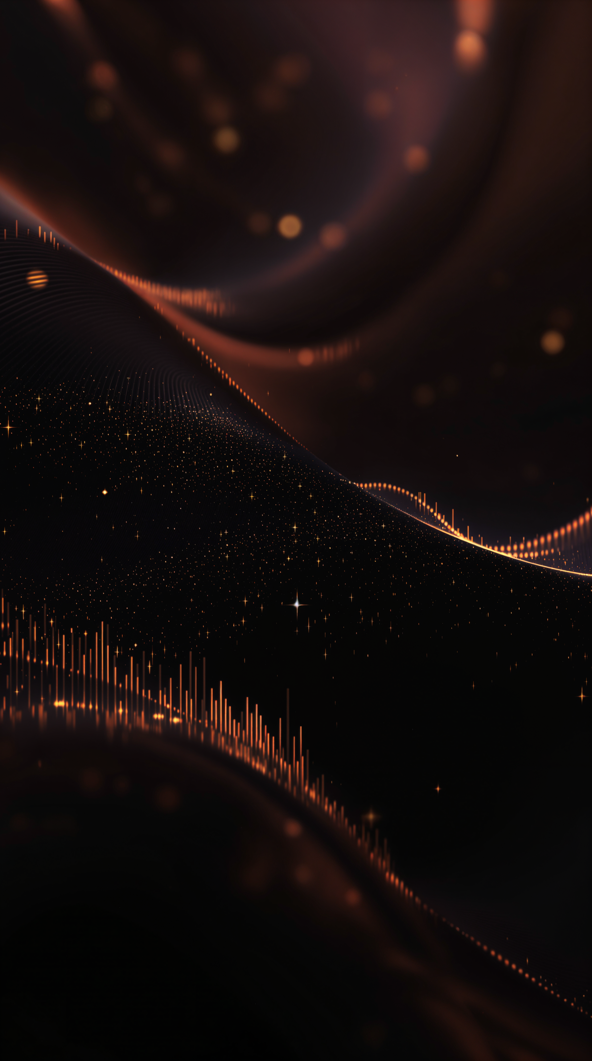 A dynamic phone wallpaper featuring swirling dark waves intersected by golden soundwave patterns and specks of light, creating a captivating, modern aesthetic.