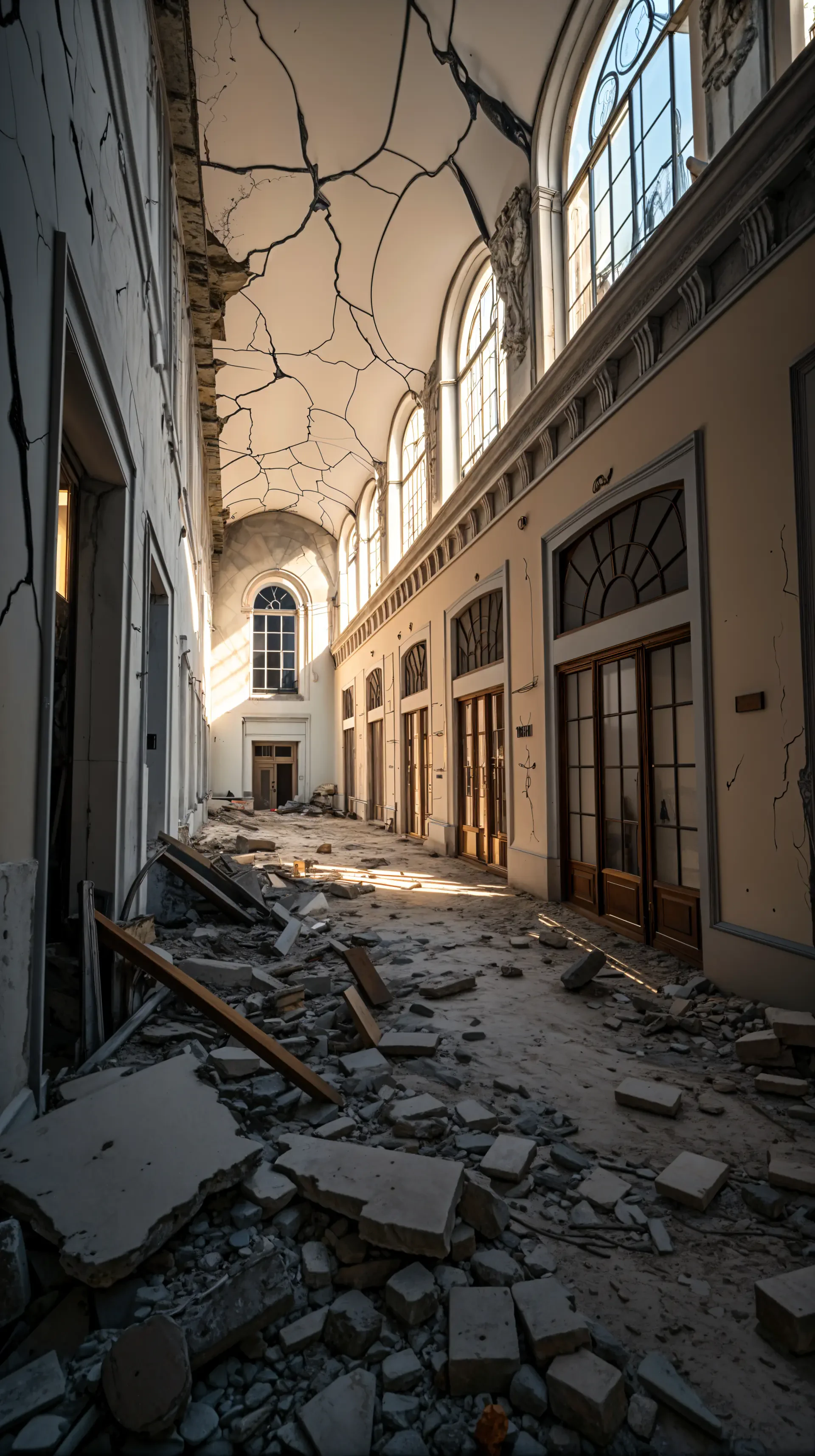 A haunting hallway with cracked walls and debris scattered across the floor, capturing the aftermath of an earthquake. This striking image makes for a compelling phone wallpaper.
