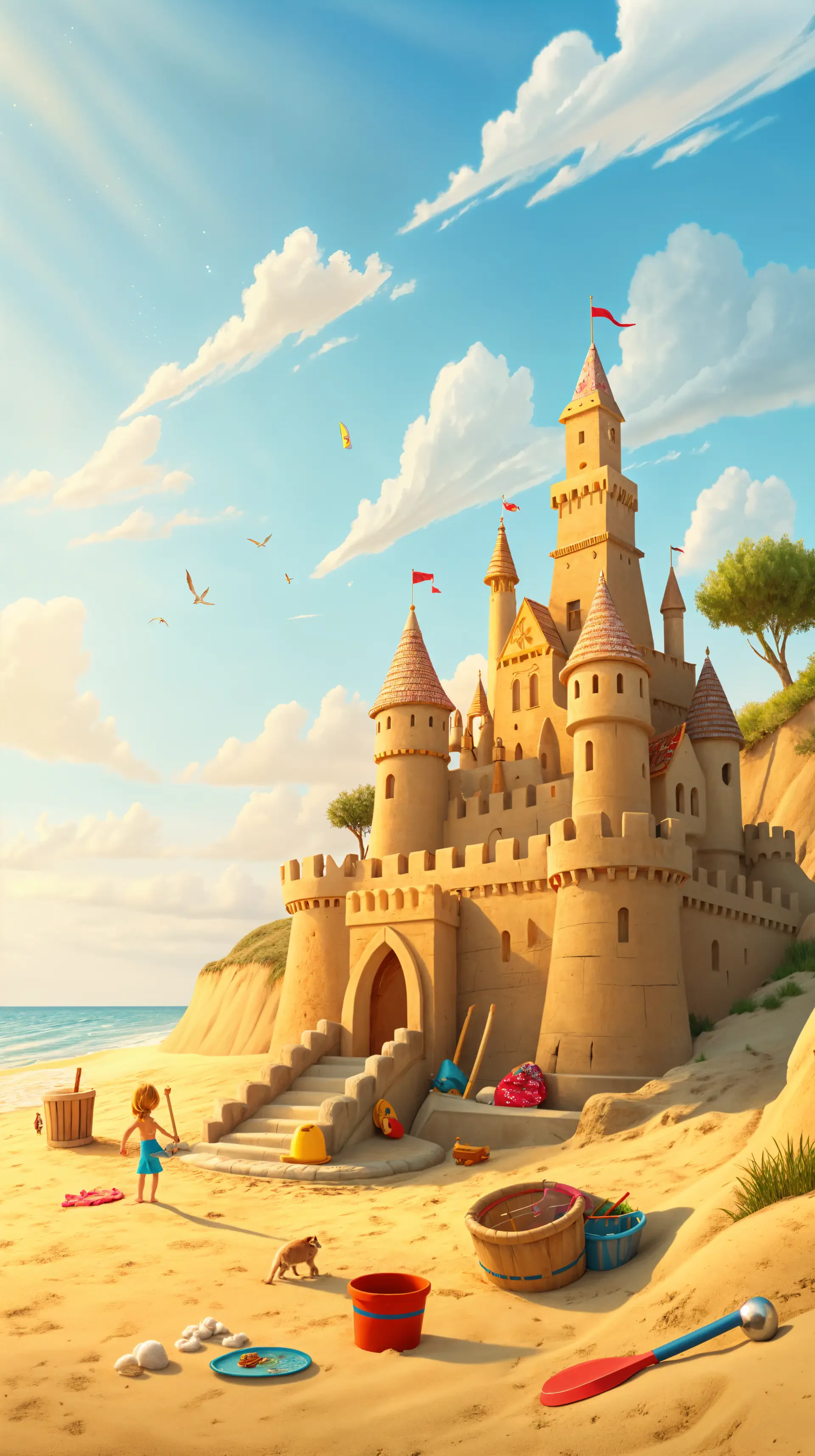 A vibrant sandcastle stands majestically on the beach, with a child playing nearby. Colorful buckets and toys add charm to this scenic phone wallpaper, capturing a joyful summer moment.