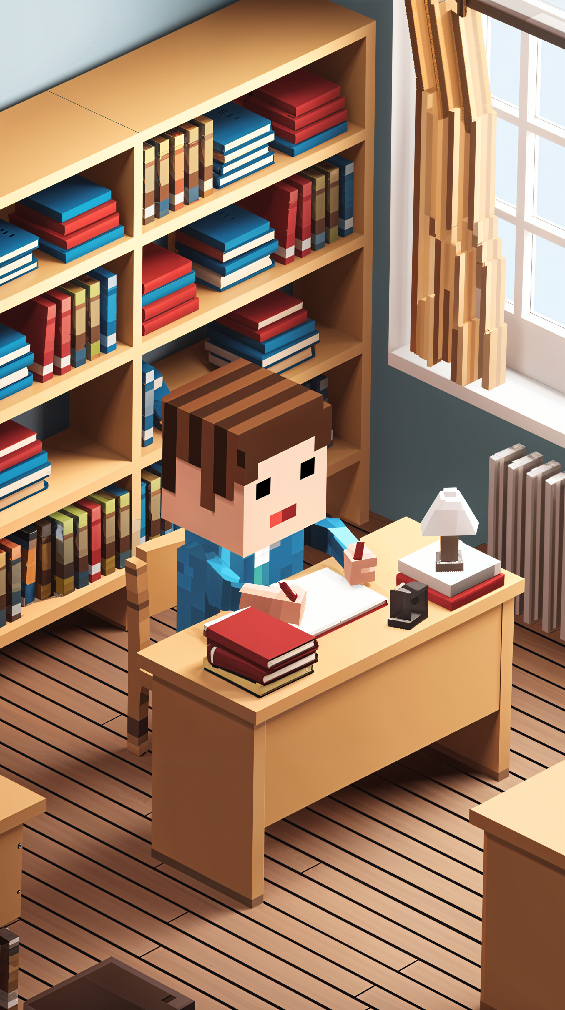 Pixel art of a student doing homework at a wooden desk in a library filled with books, lit by a window and a small desk lamp, designed as a phone wallpaper for iPhones and Androids.