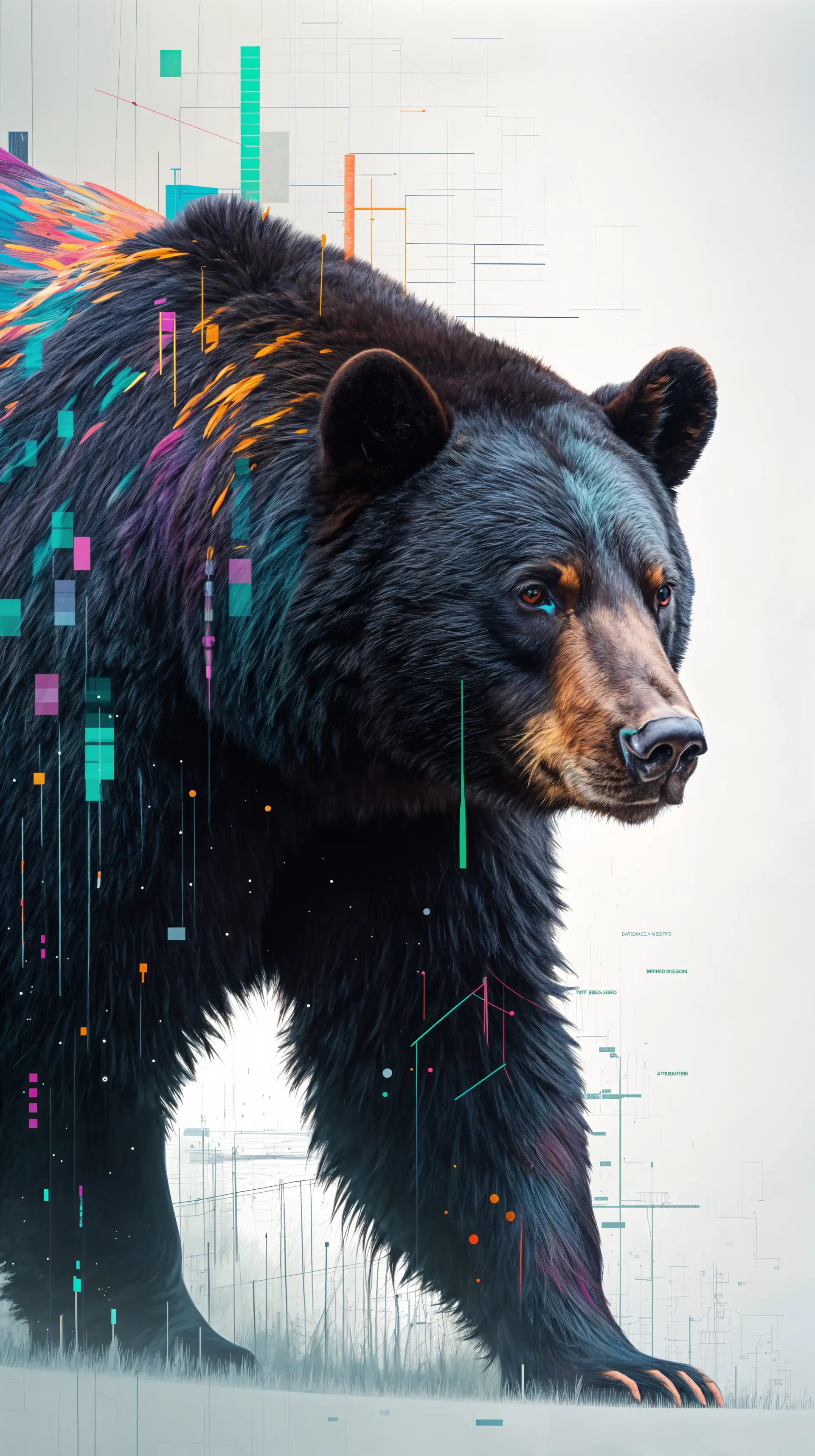 A striking black bear comes to life amidst vibrant digital patterns, creating a captivating phone wallpaper that blends nature with modern art.
