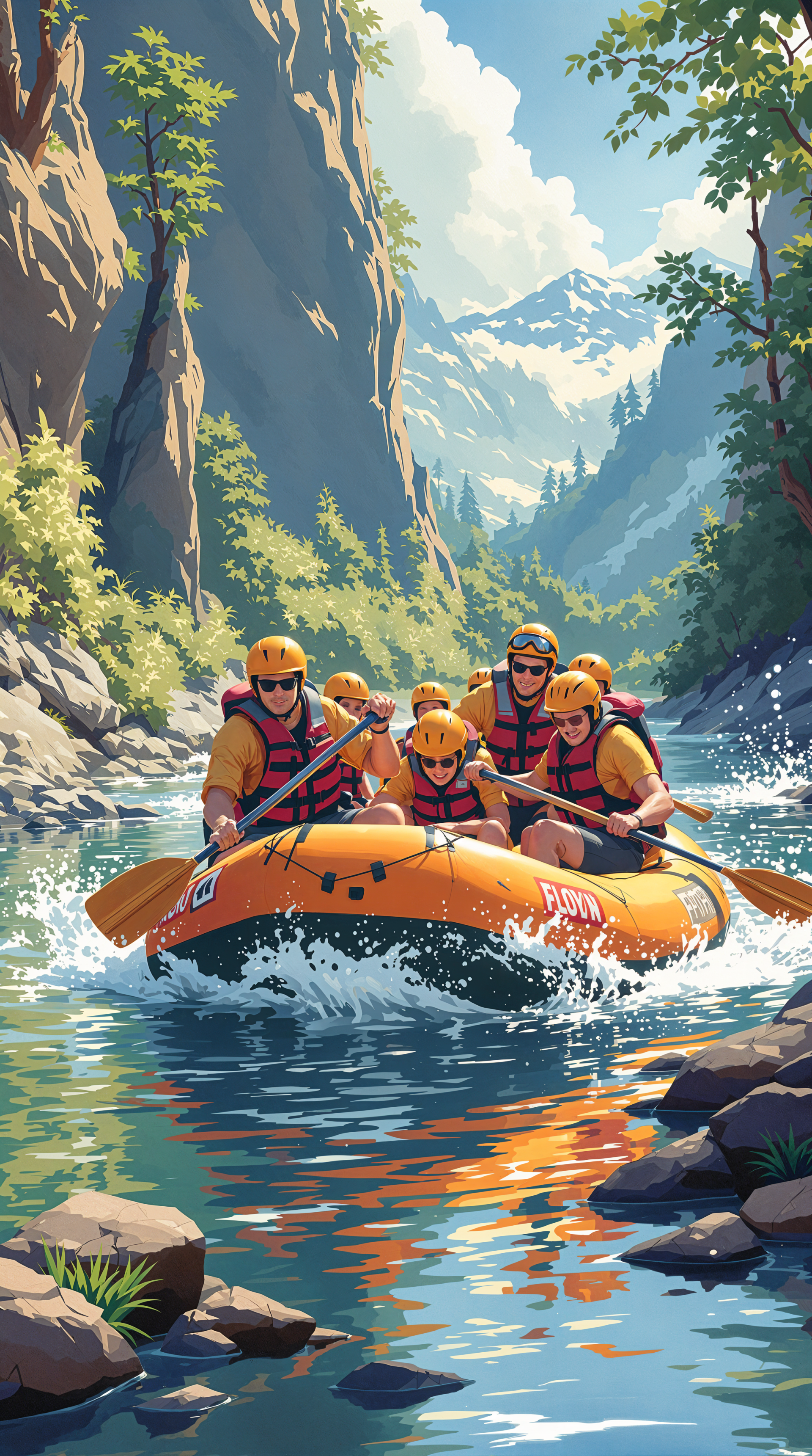 A vibrant illustration of a rafting adventure, showcasing a group of five in an orange raft navigating a scenic river surrounded by lush mountains and clear blue skies.