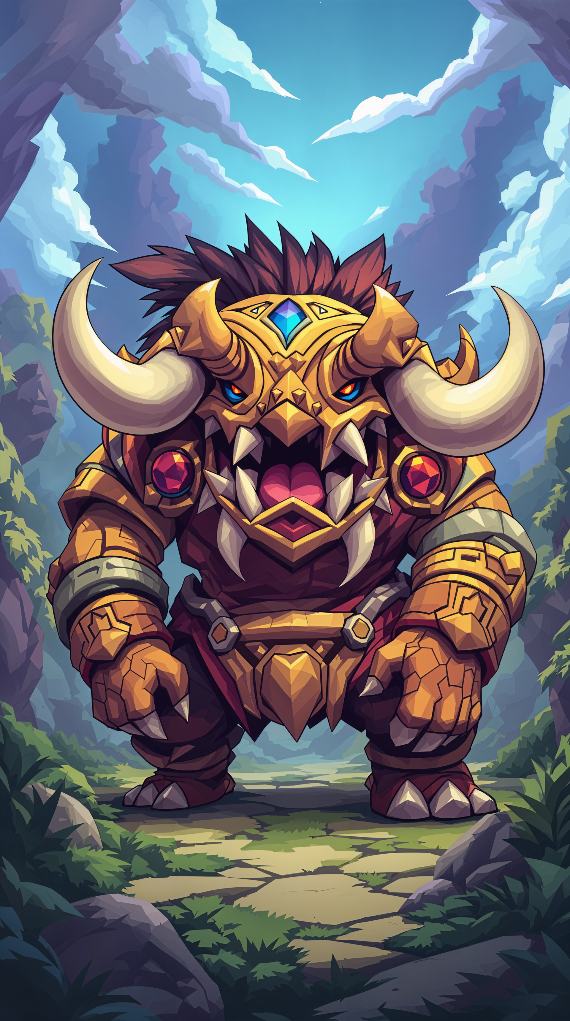 Fantasy monster in detailed golden armor with large horns stands on a forest path under a bright blue sky, designed as a vibrant phone wallpaper for iPhone and Android.