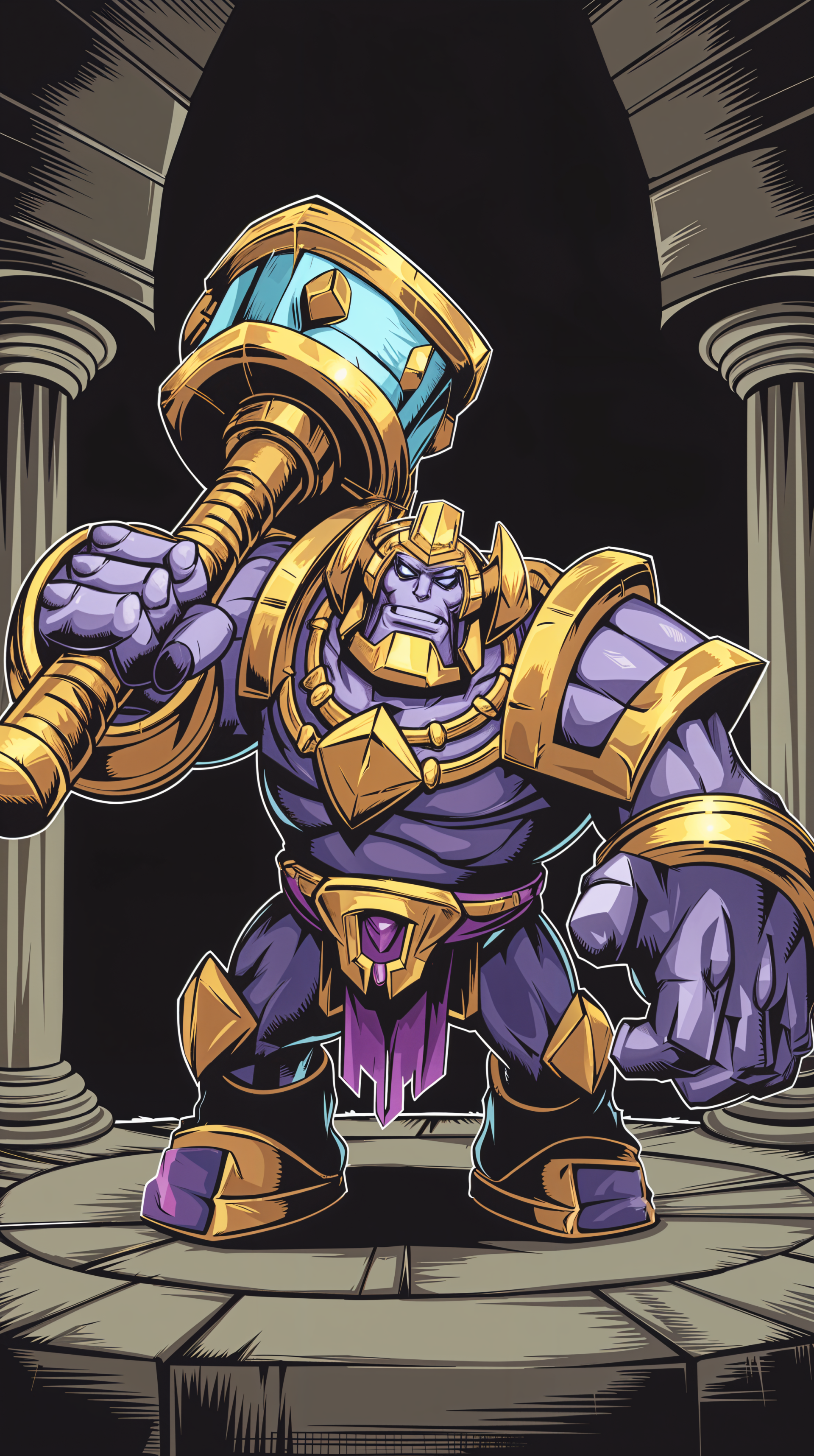 A powerful warrior stands confidently in a grand hall, wielding a large hammer. The character features bold colors and intricate armor, set against a dark, dramatic background.