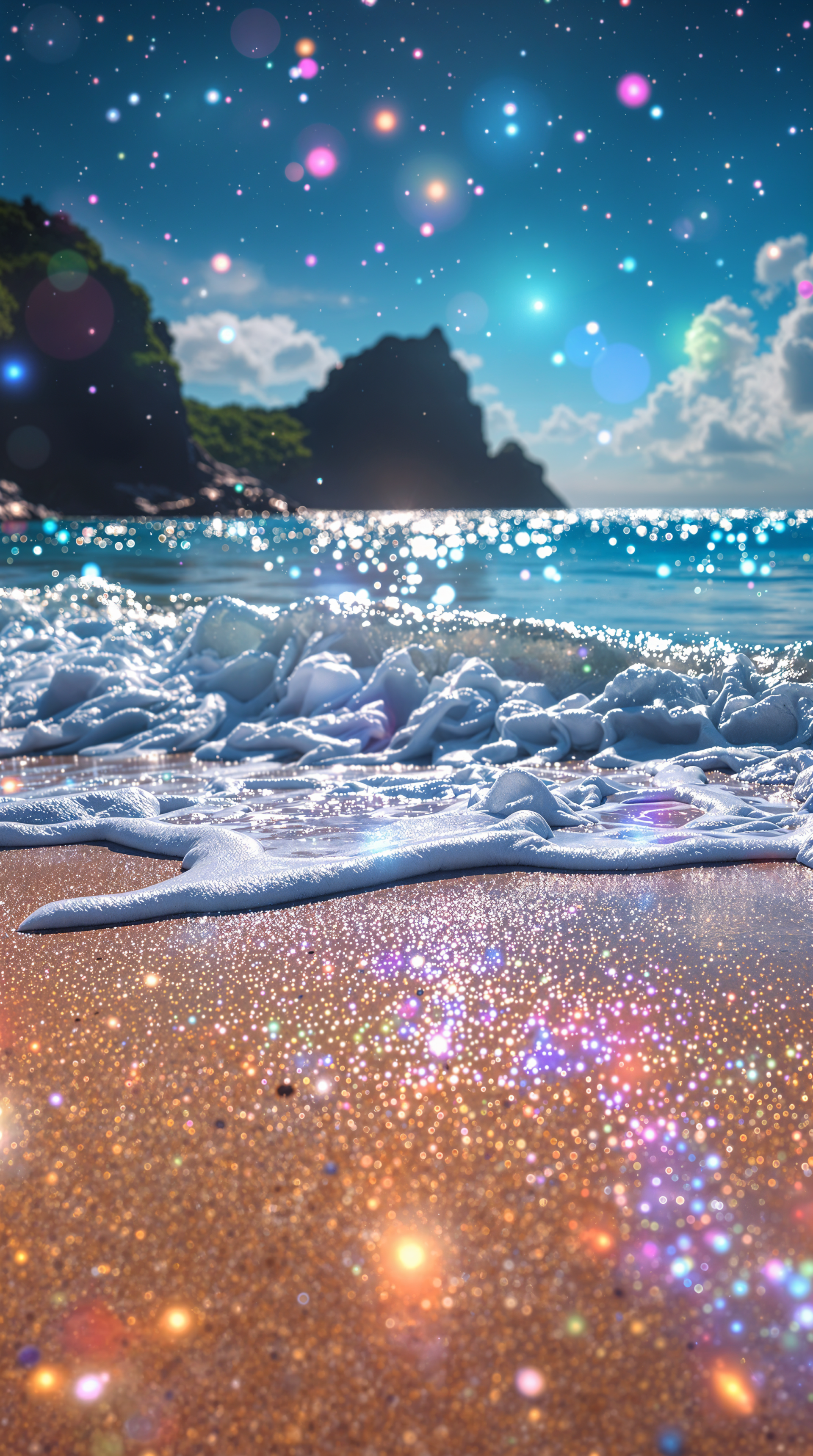 A vibrant sandy beach scene with gentle waves, sparkling water, and a glittering sky, designed as an enchanting phone wallpaper.