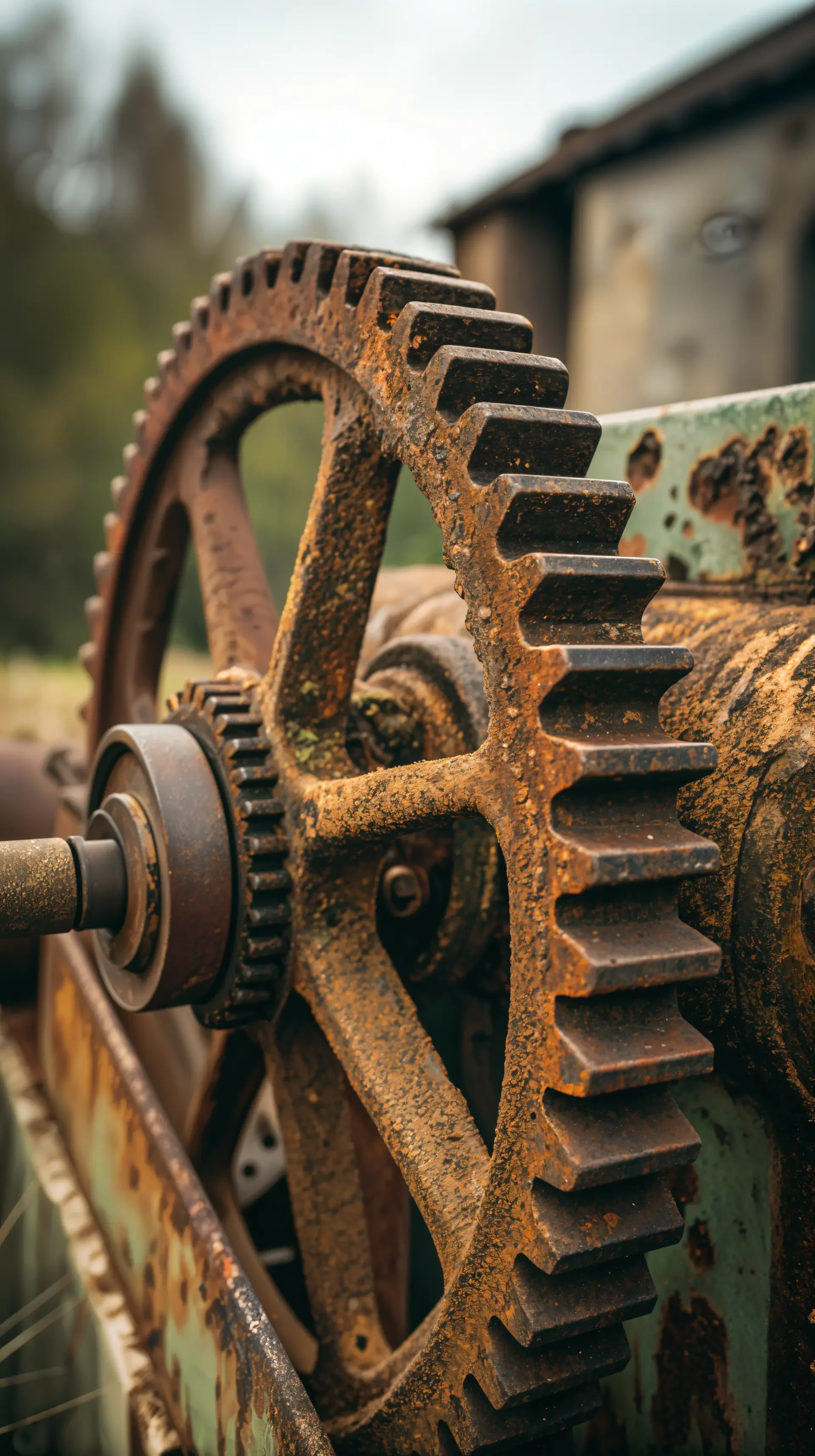 Close-up of a rusty gear from old machinery, showcasing vibrant textures and colors, making for a striking phone wallpaper.