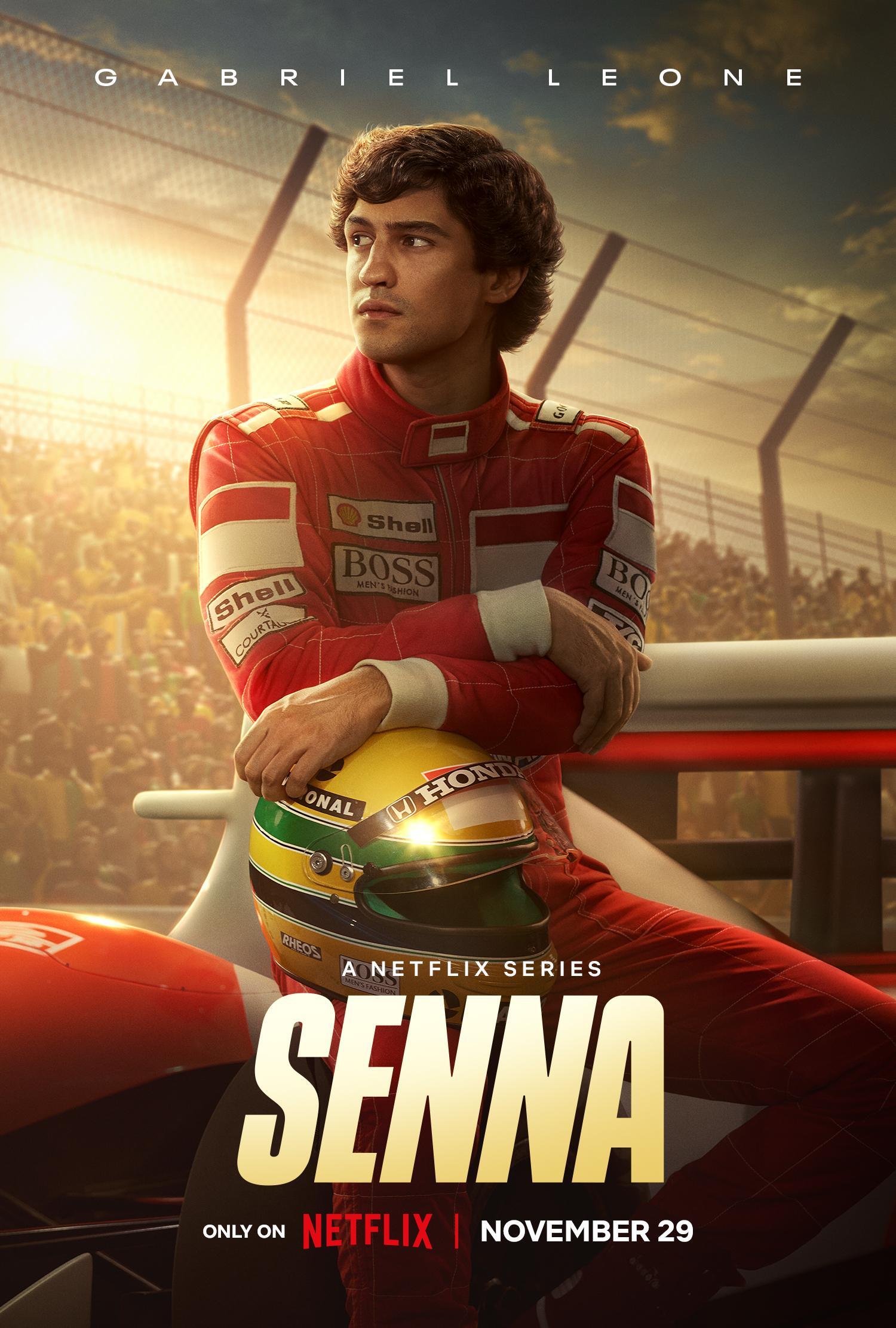 Wallpaper featuring Gabriel Leone as Ayrton Senna in the Netflix series Senna, set against a racetrack backdrop. Release date: November 29.