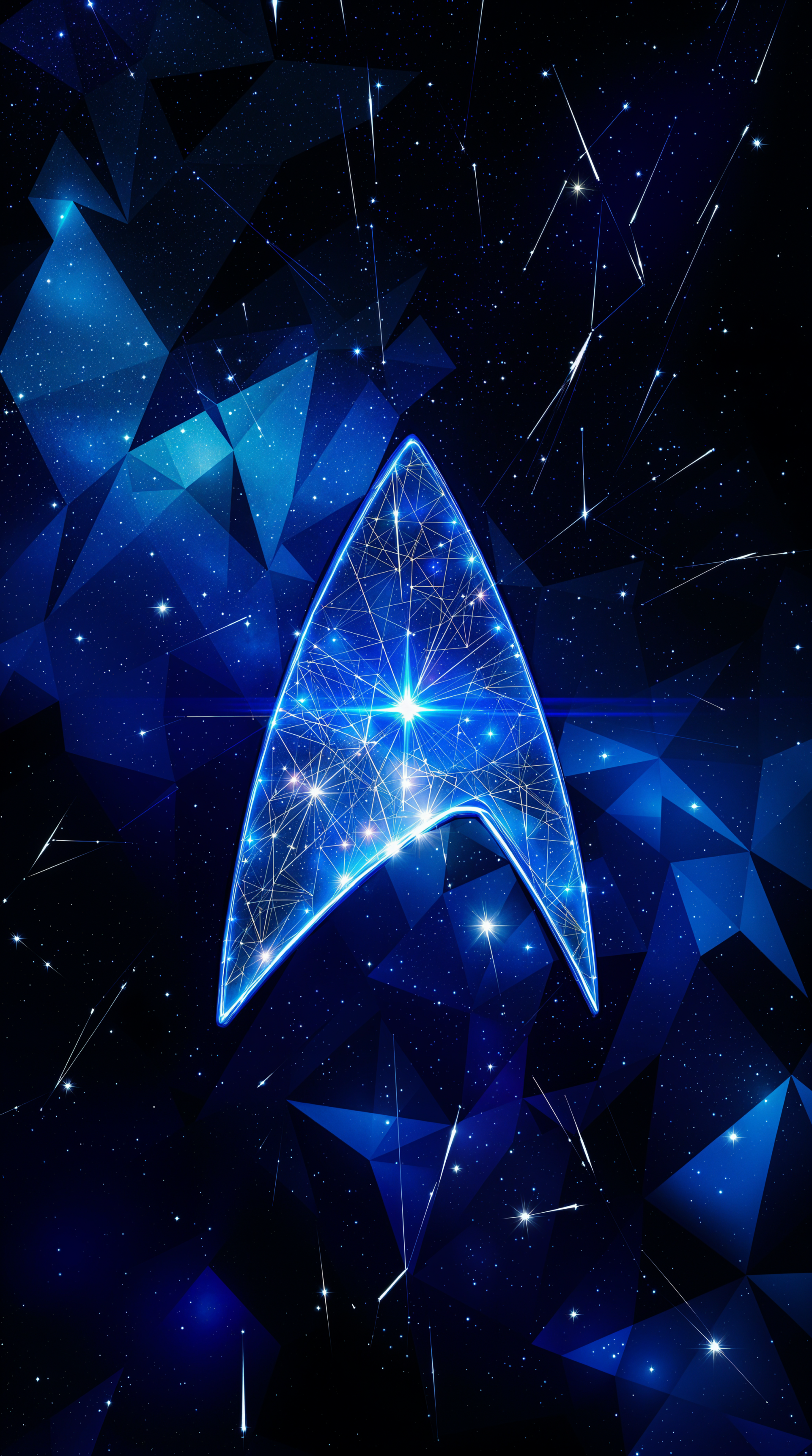 A vibrant Star Trek-themed phone wallpaper featuring the iconic Starfleet insignia glowing against a cosmic, star-filled background of deep blues and geometric shapes.