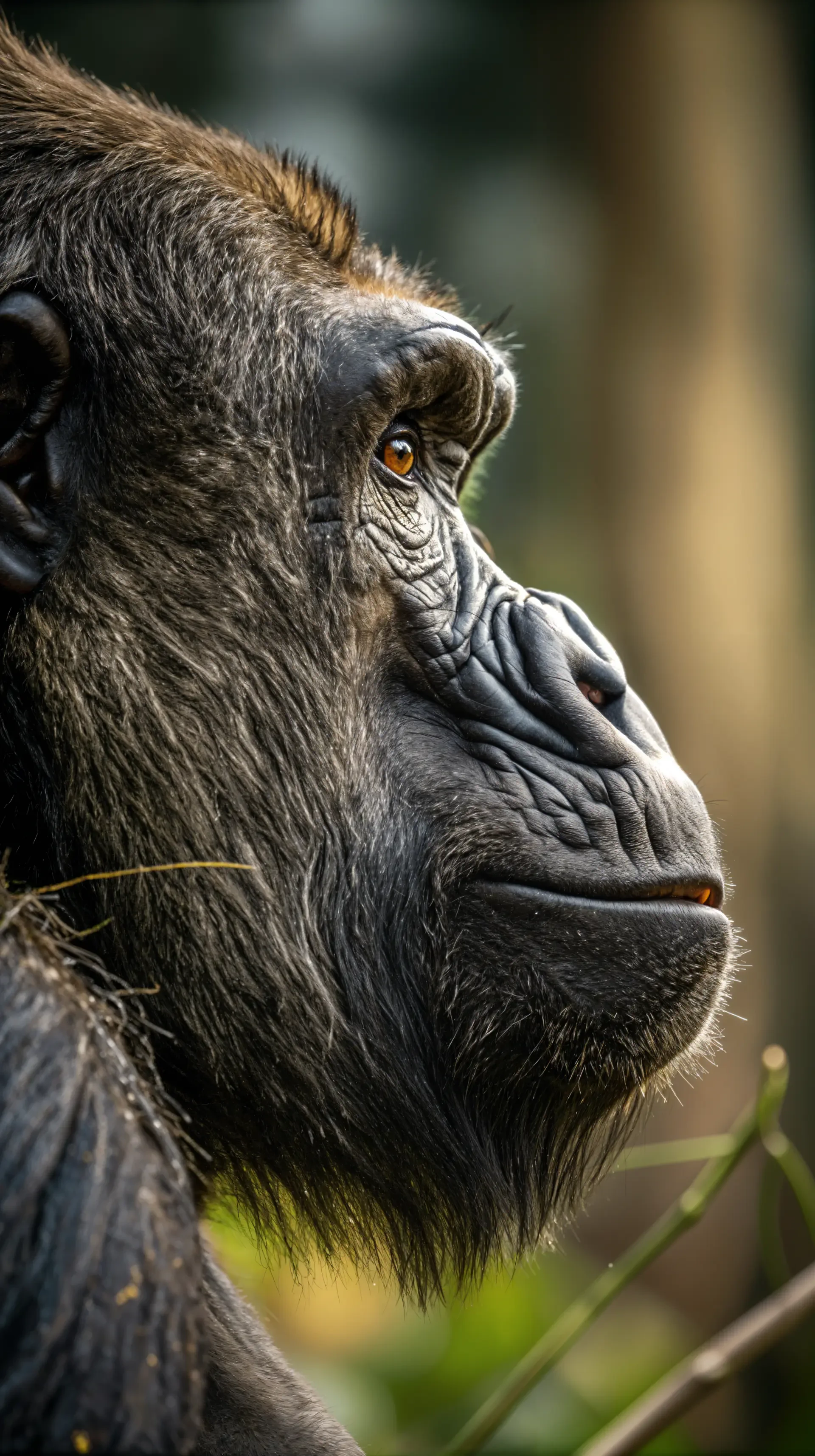 A striking close-up of a gorilla’s profile, showcasing its expressive eyes and textured fur, surrounded by natural greenery—a captivating phone wallpaper choice.