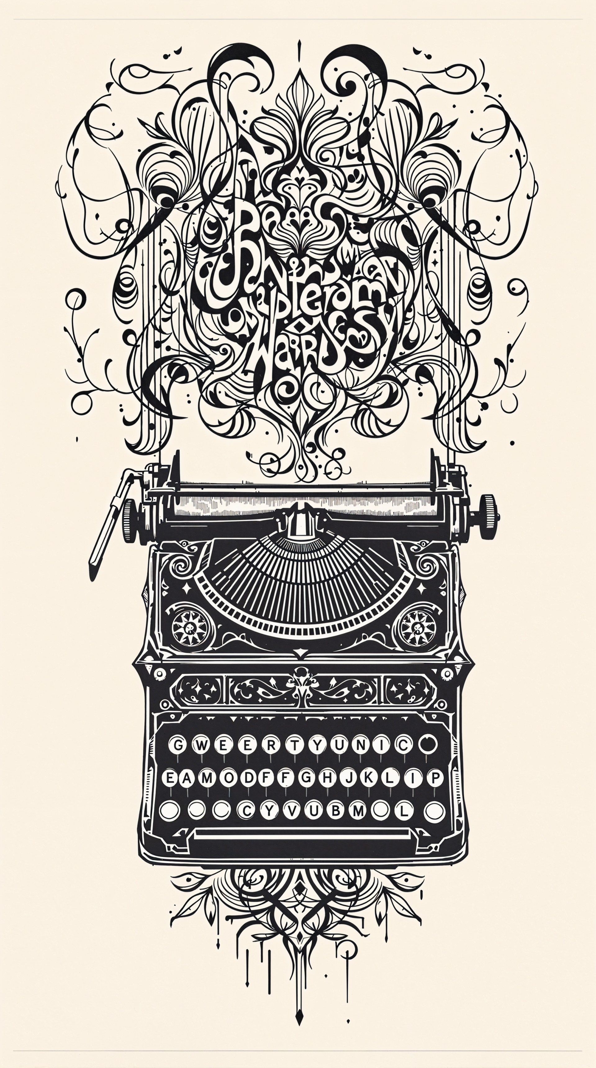 A vintage typewriter adorned with intricate floral designs, featuring stylized lettering above, creates a striking artistic wallpaper for phones.