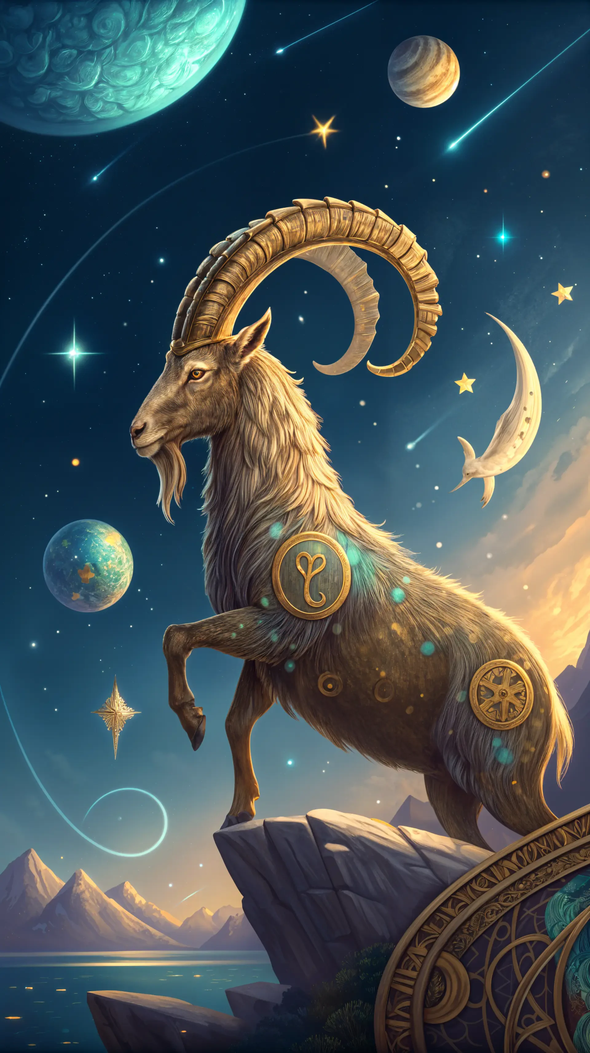 A stunning phone wallpaper featuring a majestic Capricorn against a cosmic backdrop of planets, stars, and swirling galaxies, embodying the spirit of astrology.