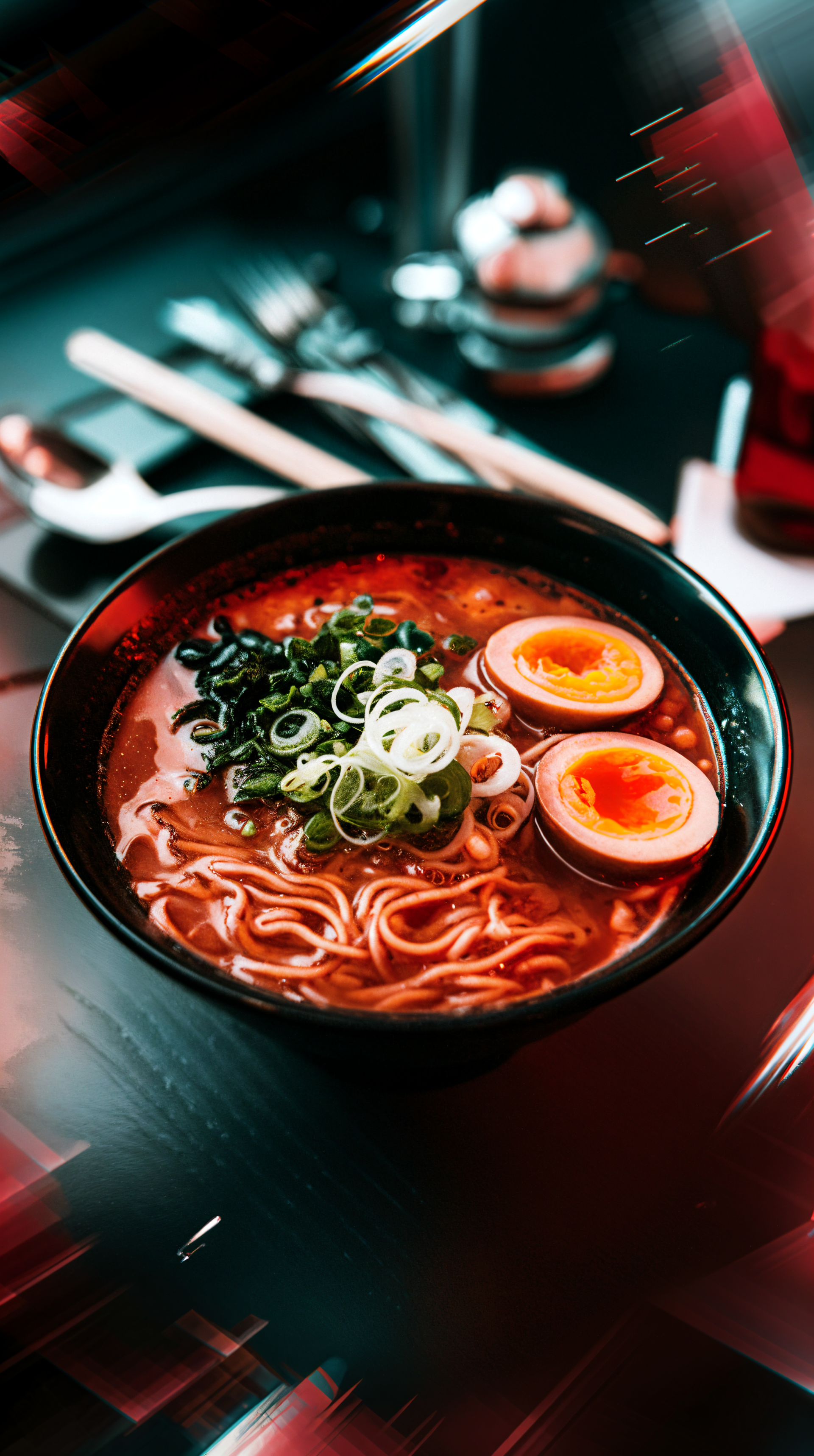 A vibrant bowl of ramen topped with green onions and soft-boiled eggs, set against a stylish background, makes for an enticing phone wallpaper.