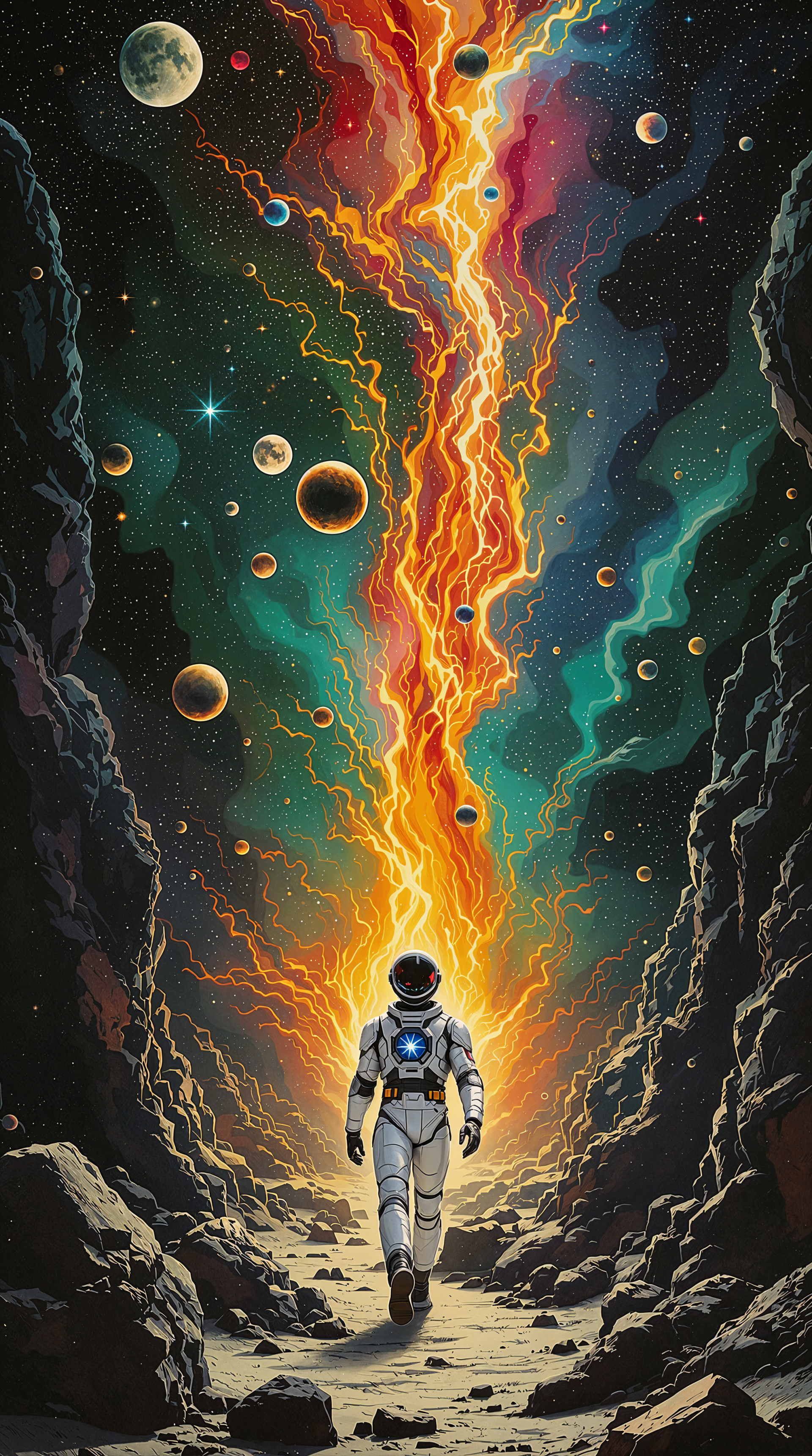 An astronaut walks through a rocky path, illuminated by a vibrant burst of colors and celestial bodies, creating a stunning cosmic wallpaper.