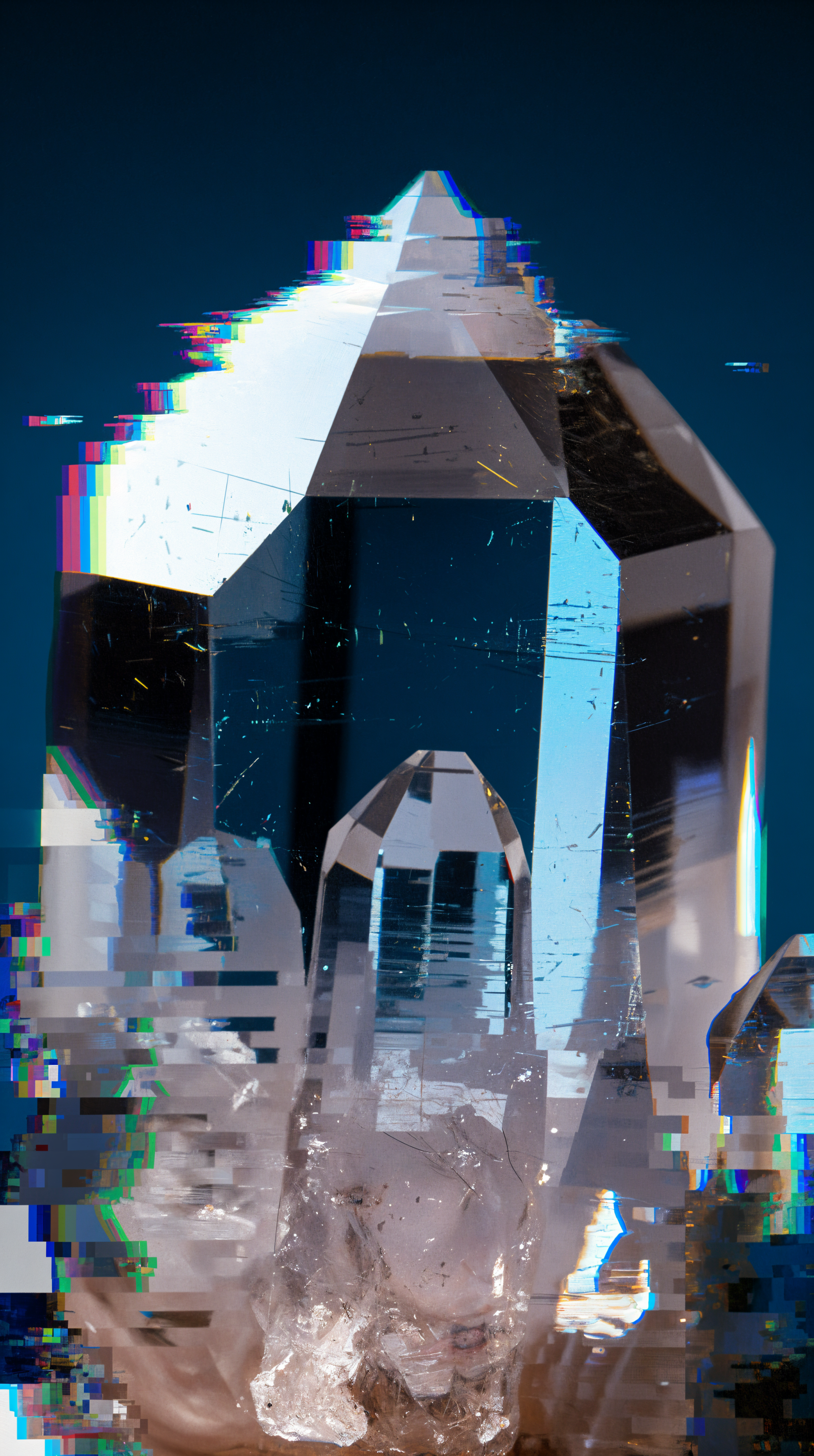 A close-up of a stunning quartz crystal with a vivid backdrop, featuring sleek facets and a hint of digital distortion, making it an eye-catching phone wallpaper.