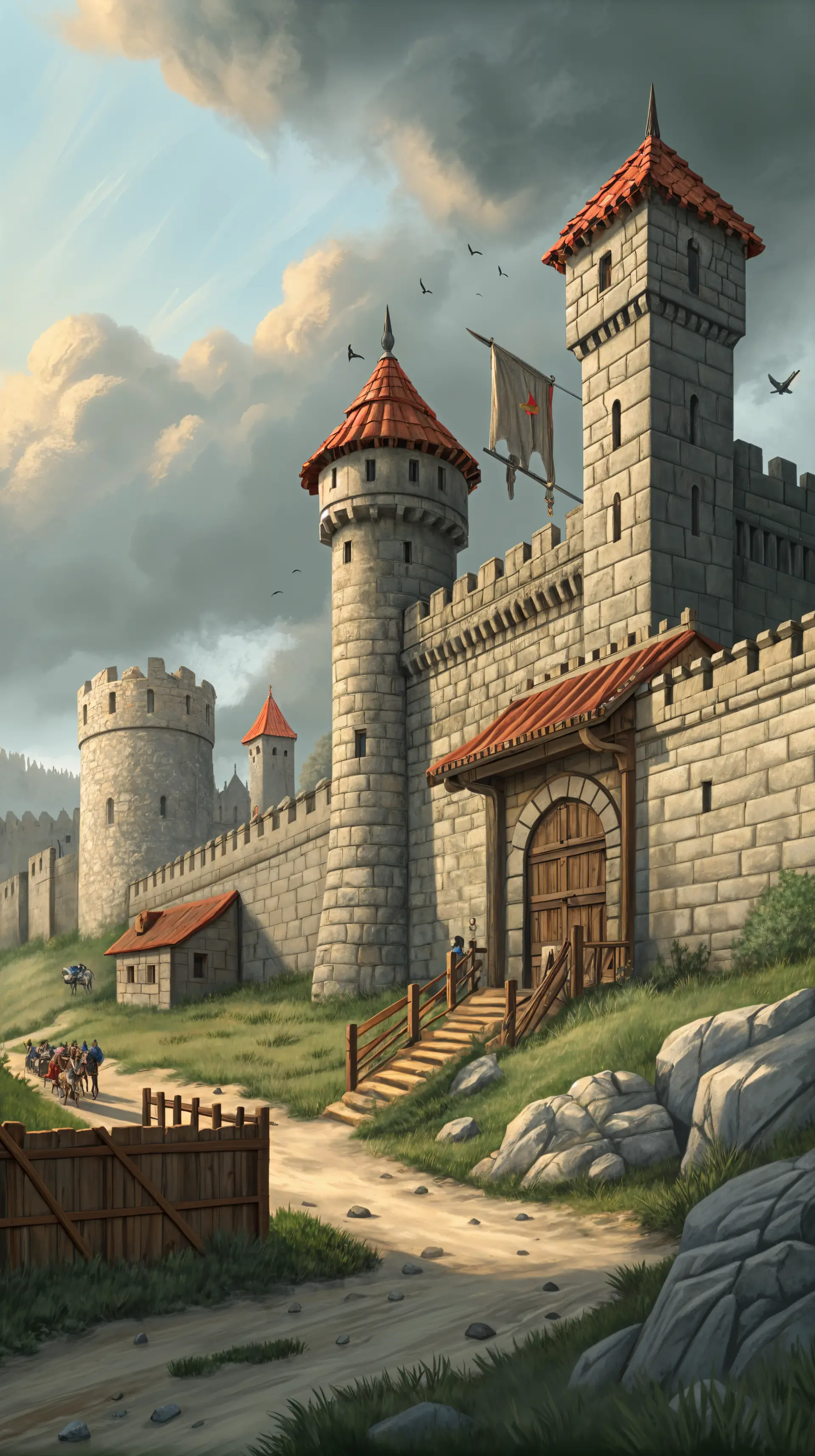 A beautifully illustrated fortress with stone walls, towers, and a large wooden gate, set against a dramatic sky. This captivating scene makes a striking phone wallpaper.