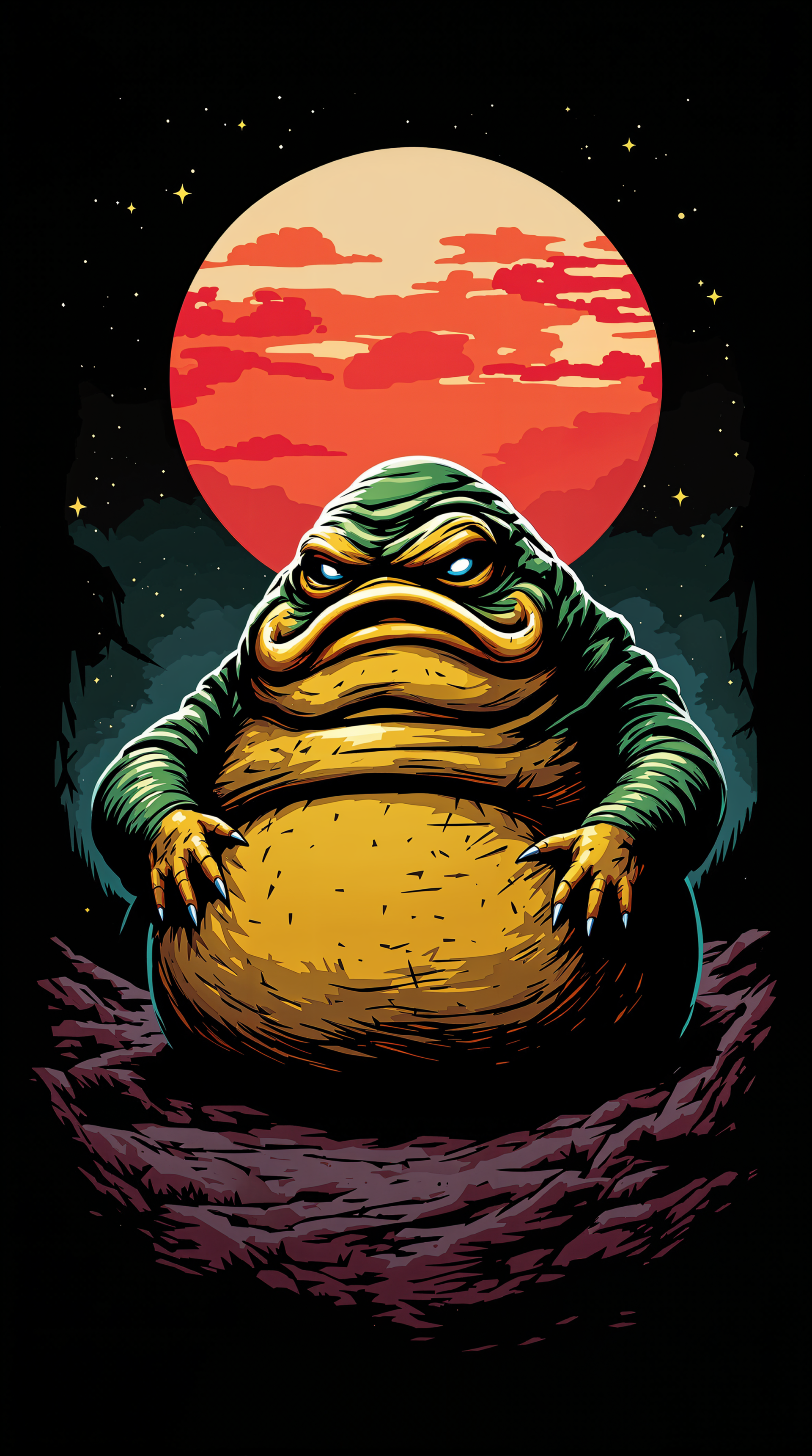 A vibrant phone wallpaper featuring Jabba the Hutt against a dramatic red moon backdrop, showcasing his iconic features and imposing presence in a stylized design.