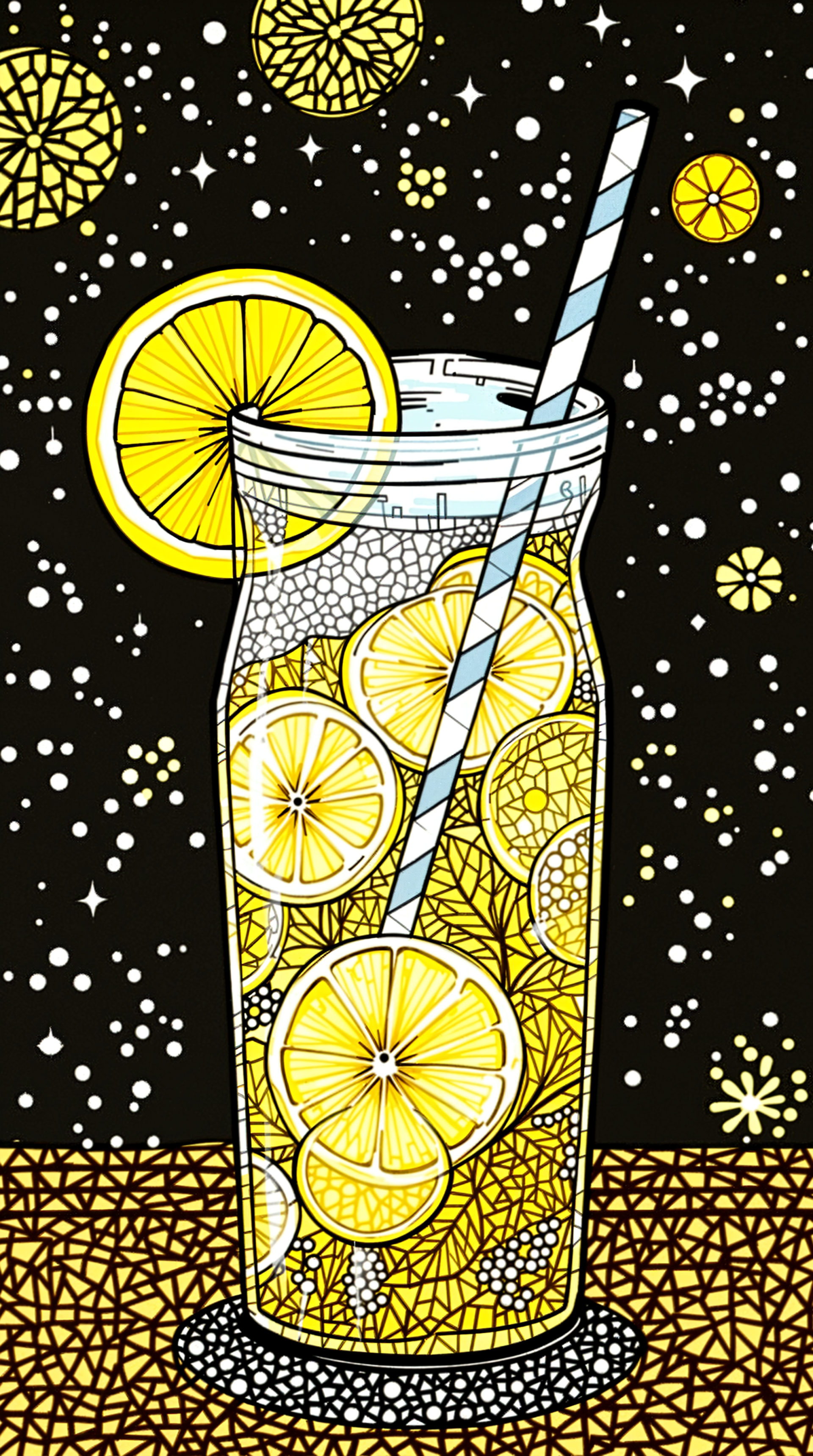 Illustration of a tall glass of lemonade with lemon slices and a striped straw, set against a starry black background; a vibrant yellow phone wallpaper for iPhone and Android.