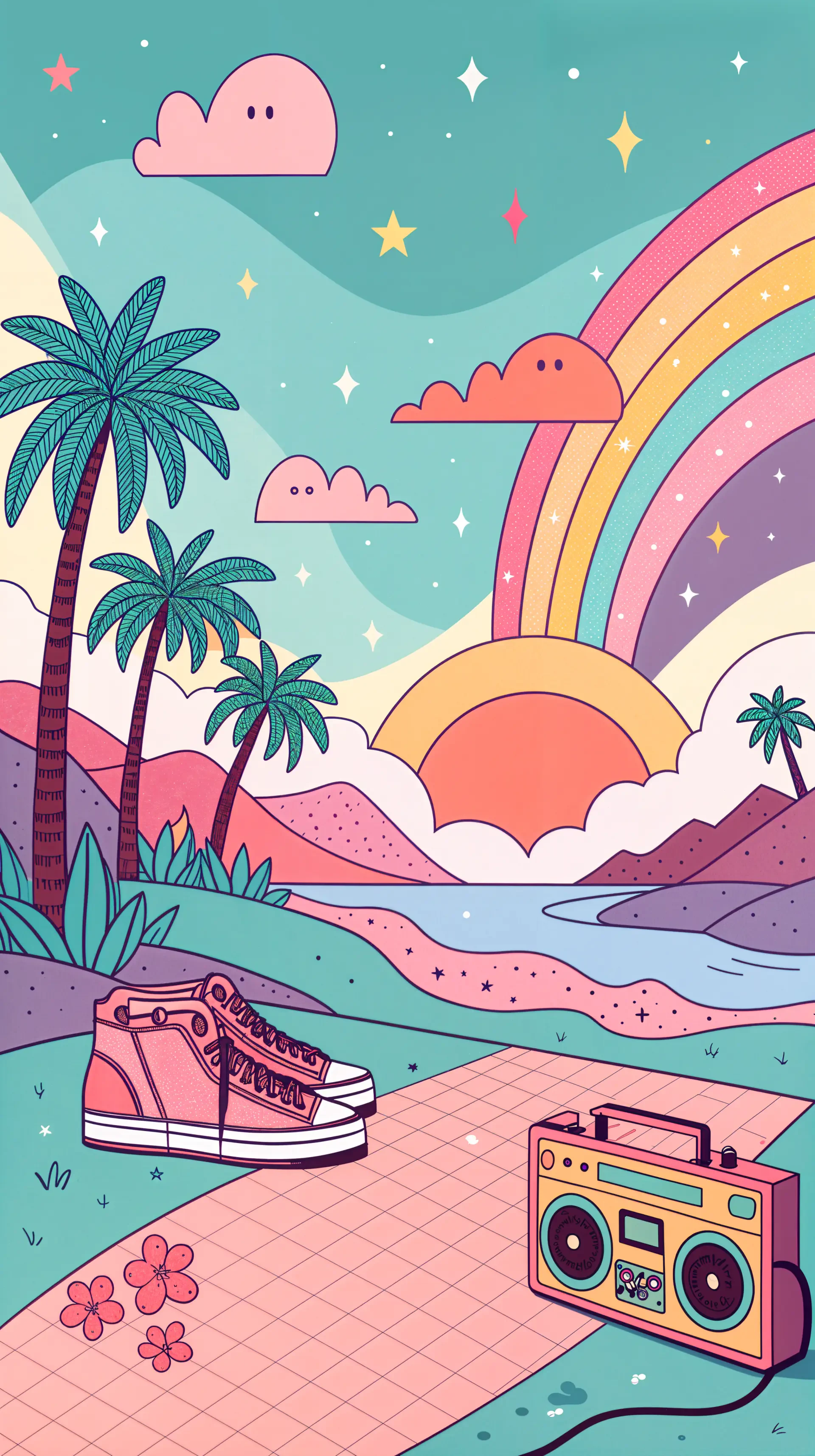 A vibrant chillwave-inspired phone wallpaper featuring palm trees, a retro boombox, colorful sneakers, and a rainbow above a serene landscape at sunset.