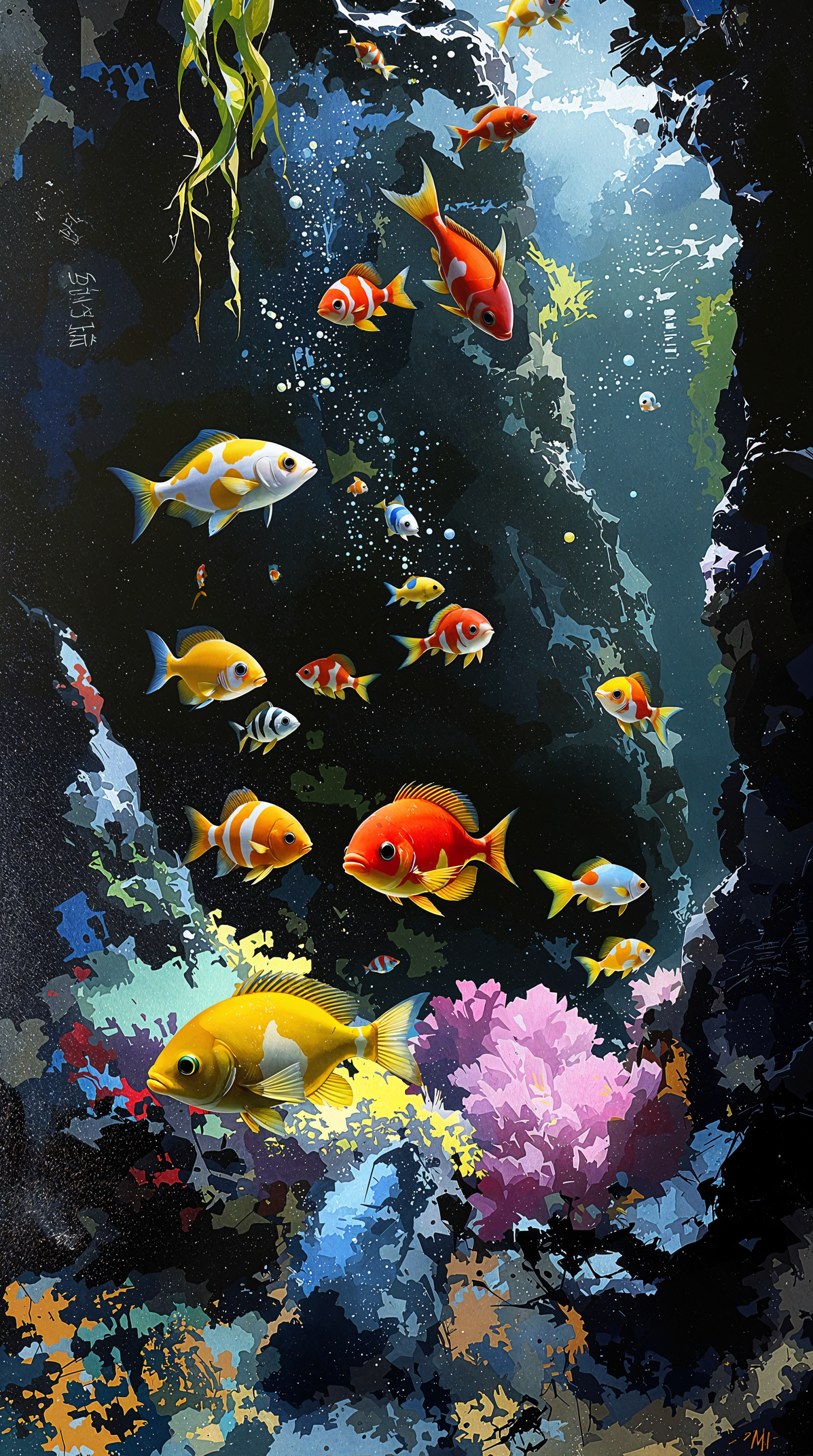A vibrant underwater scene featuring colorful fish swimming amidst coral and aquatic plants, designed as an engaging phone wallpaper.