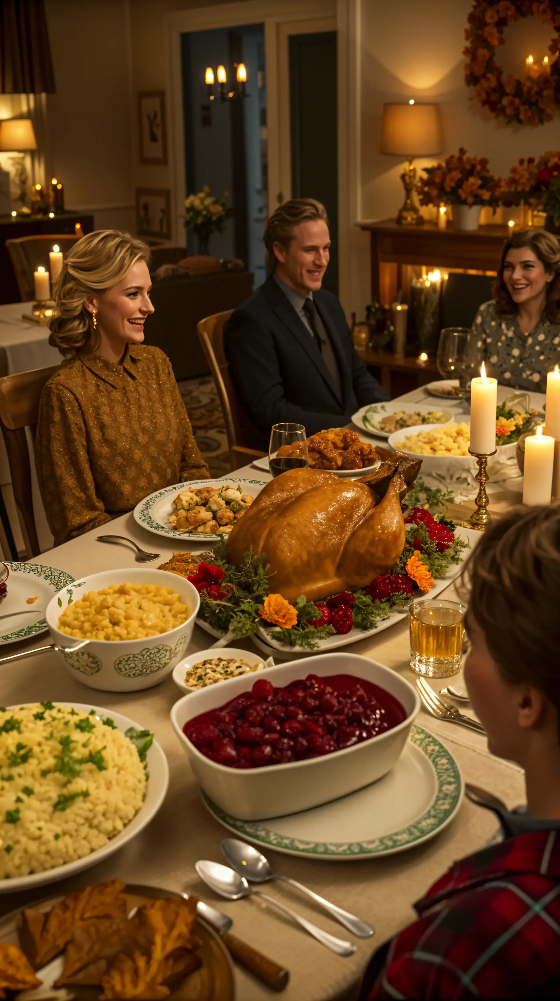 Family gathered around a table for a warm Thanksgiving dinner with turkey, mashed potatoes, cranberry sauce, and candles, captured in a cozy holiday meal phone wallpaper.