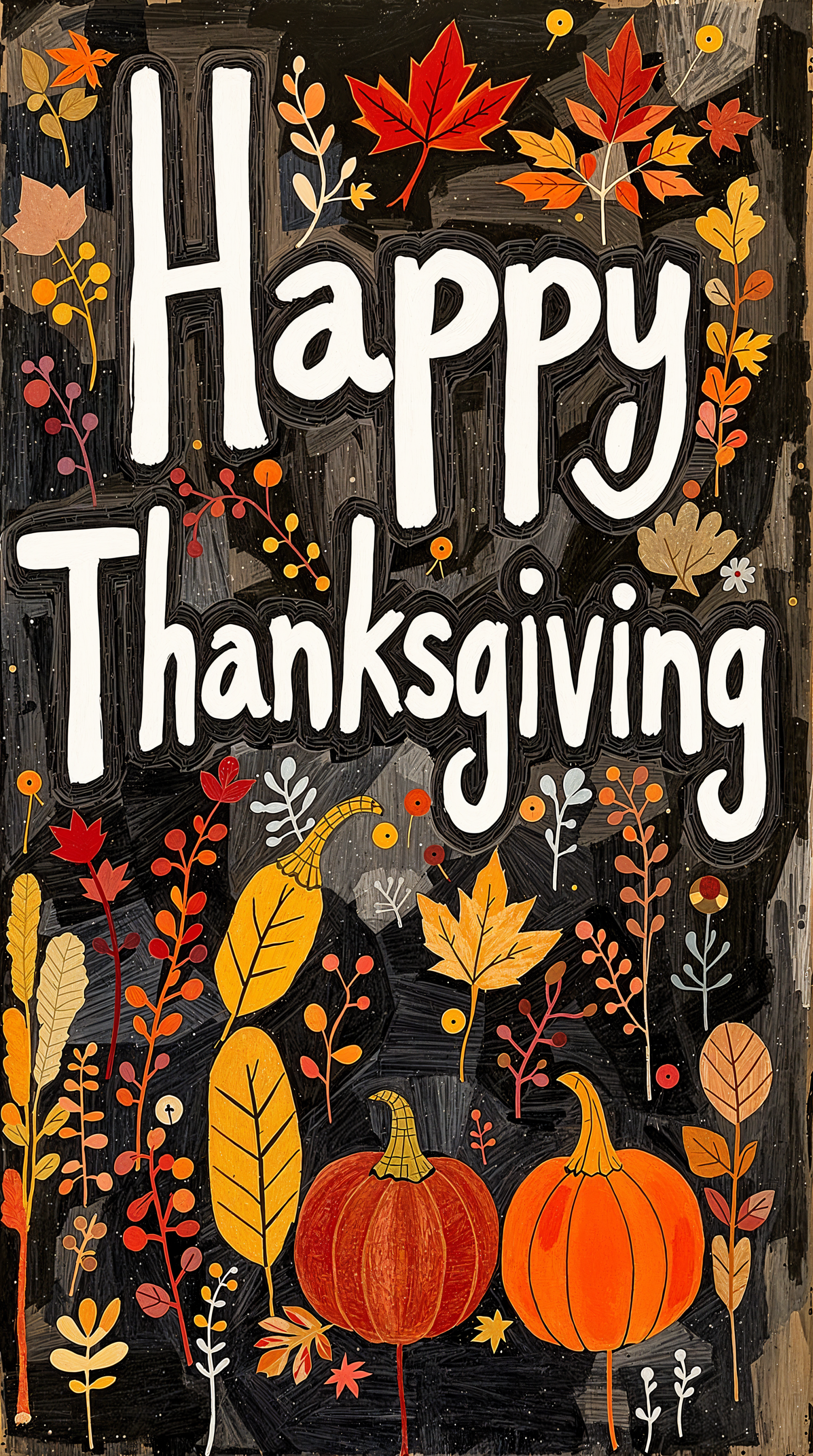 A vibrant phone wallpaper featuring the text Happy Thanksgiving surrounded by autumn leaves and pumpkins, celebrating the warmth and festivities of the season.
