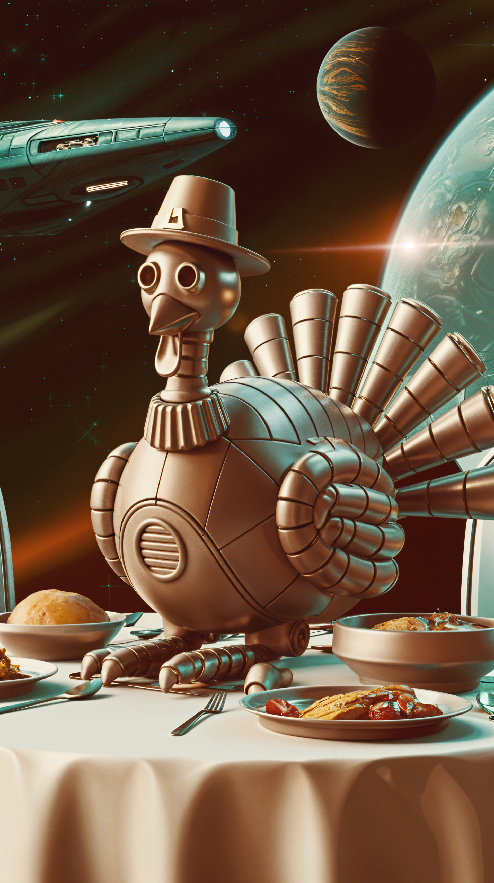 A whimsical robotic turkey wearing a hat sits at a table adorned with Thanksgiving dishes, framed by a cosmic backdrop. This imaginative design serves as a unique phone wallpaper.