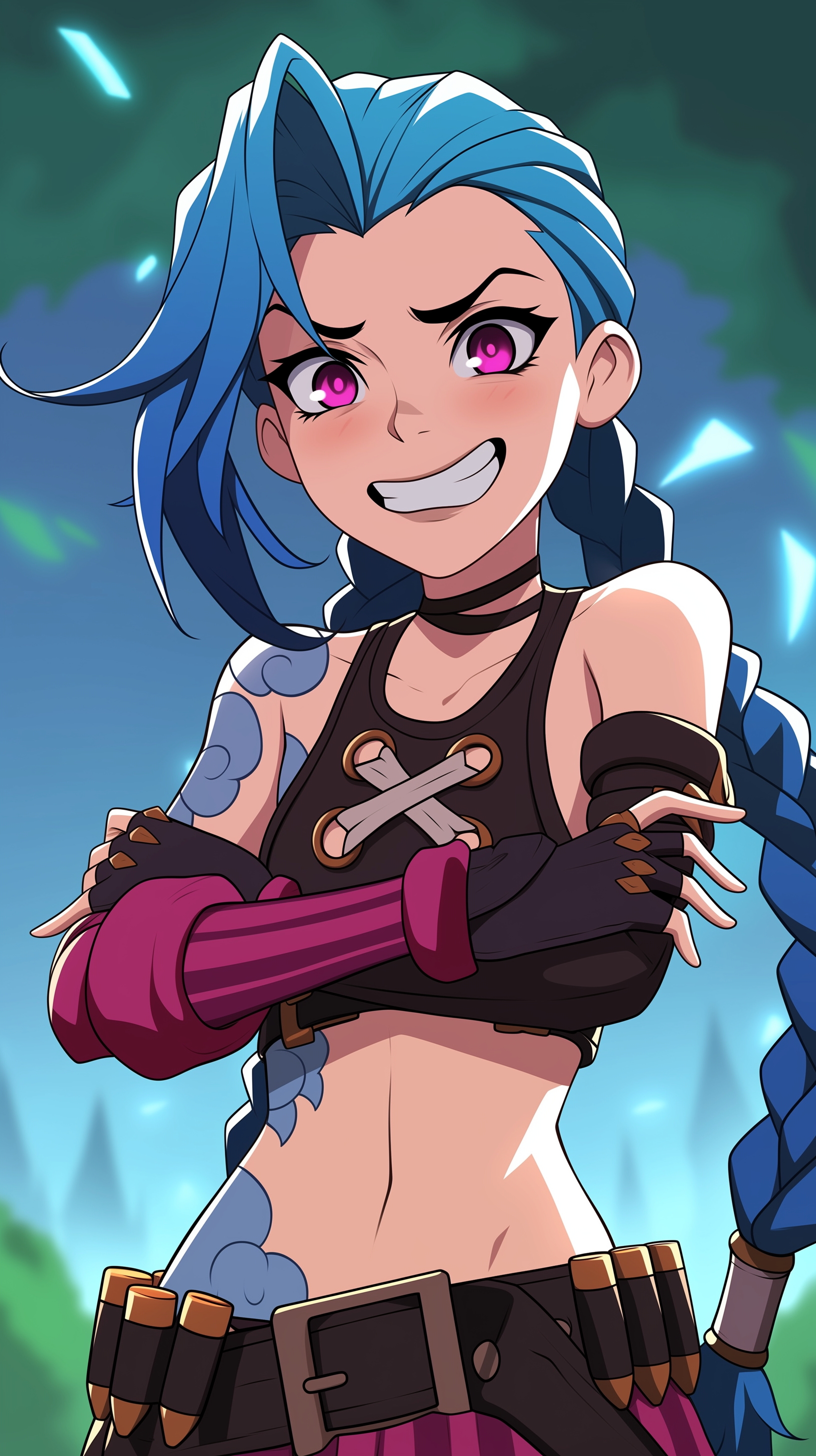 Vibrant phone wallpaper featuring Jinx from the TV show Arcane, showcasing her mischievous grin, colorful blue hair, and edgy attire against a dynamic background.