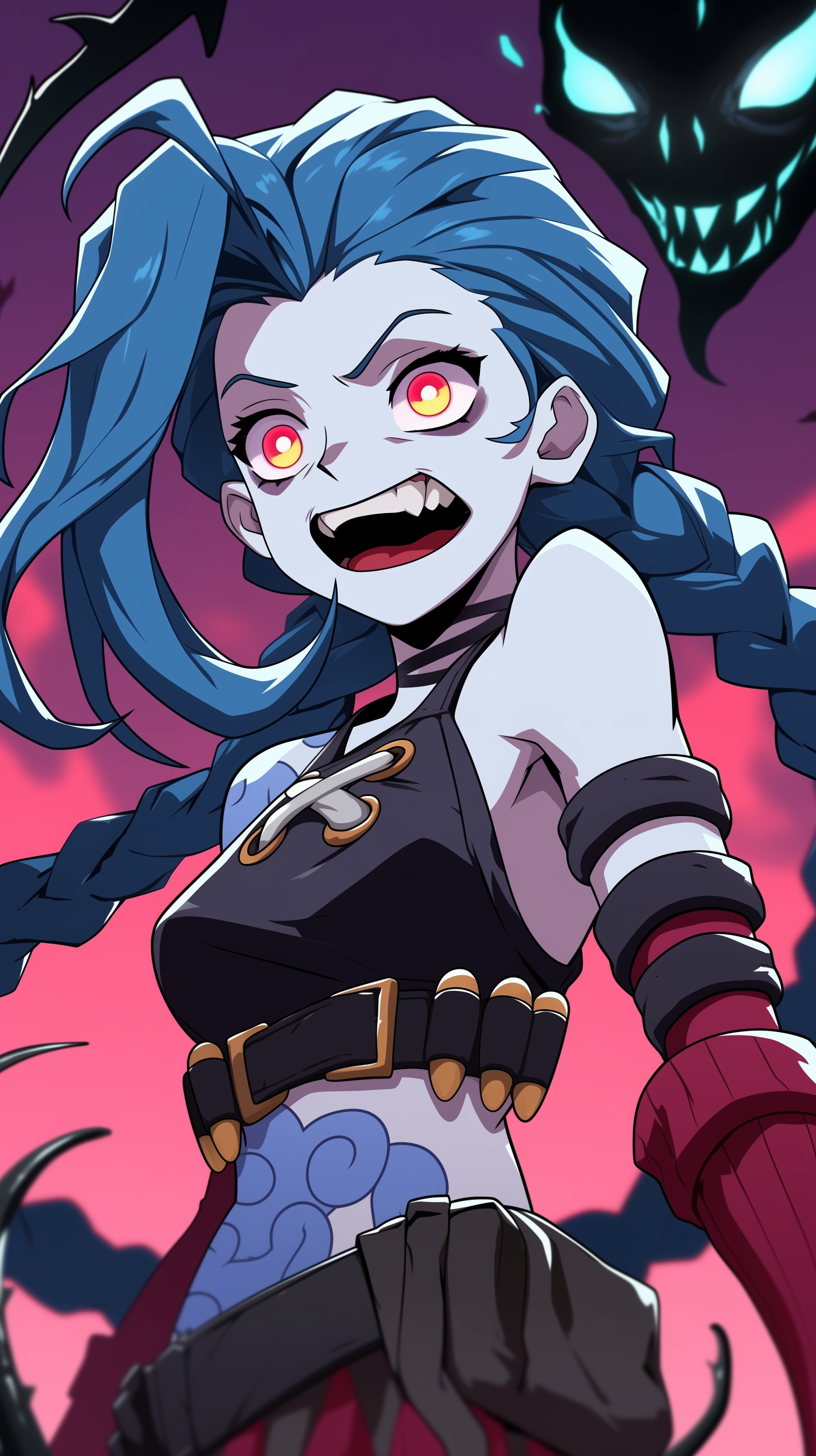 A dynamic phone wallpaper featuring Jinx from the TV show Arcane, showcasing her fierce expression against a vibrant, dark backdrop with ghostly elements.