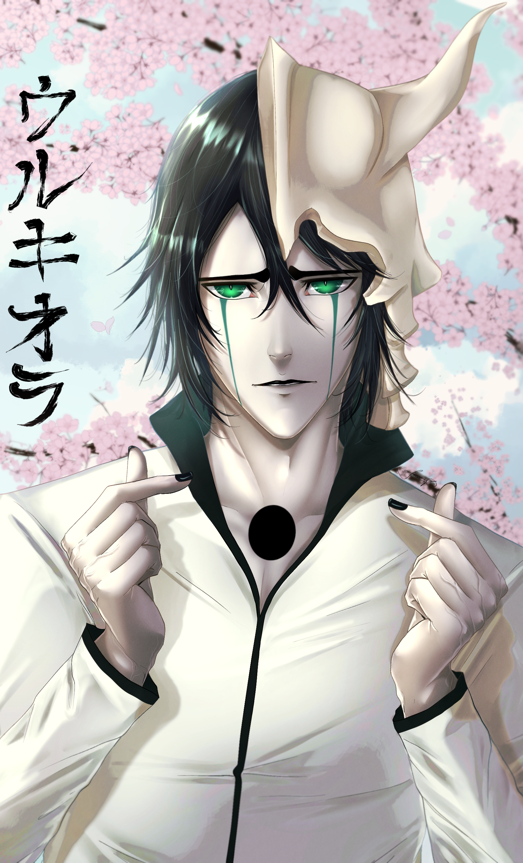 A striking anime wallpaper featuring Ulquiorra Cifer from Bleach, showcasing his signature look against a backdrop of delicate cherry blossoms.