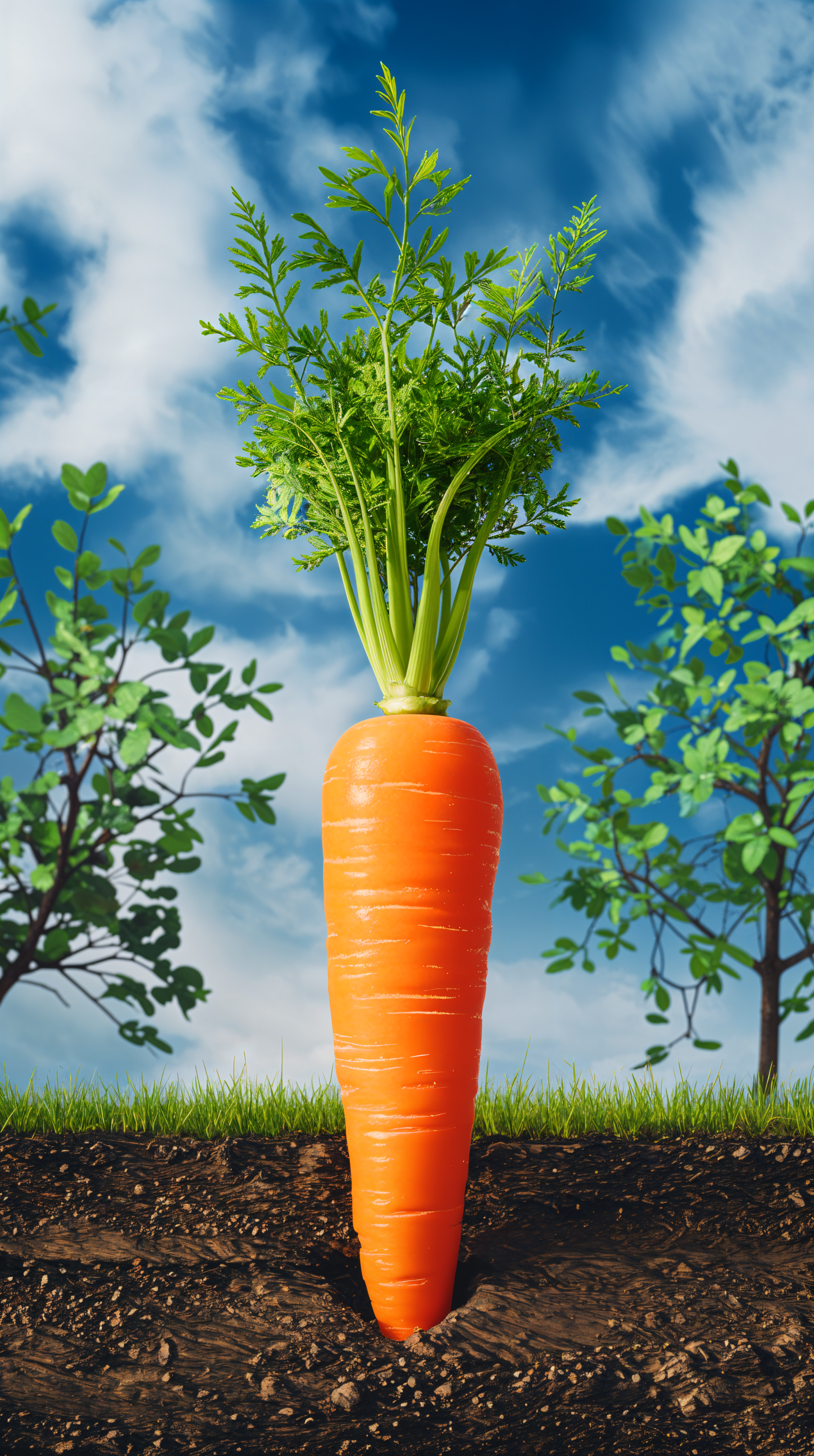 A vibrant orange carrot emerges from the earth, surrounded by lush green foliage and a bright blue sky, crafted as an eye-catching phone wallpaper.