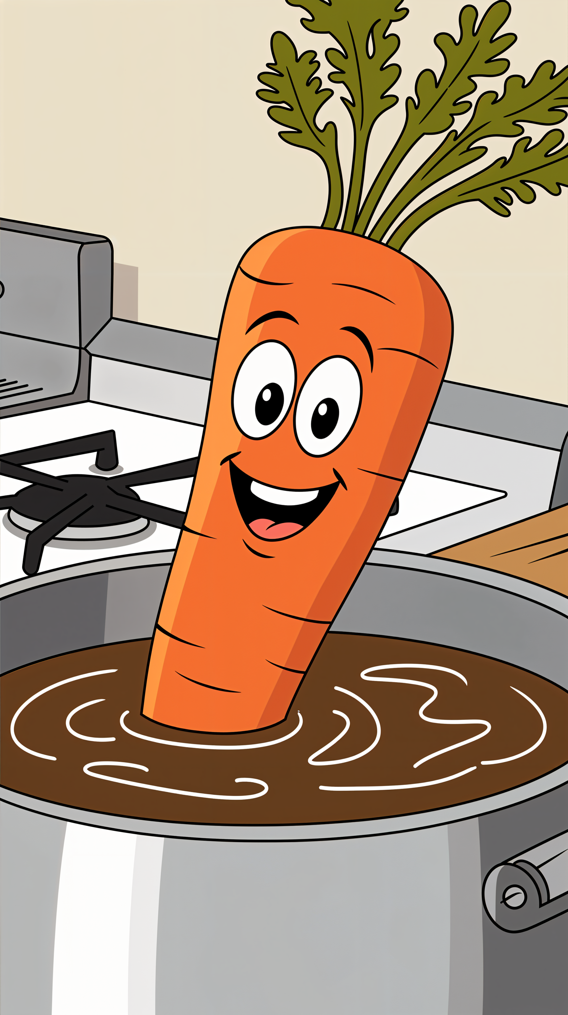 A cheerful cartoon carrot with a smiling face peeks out from a pot of brown liquid, set in a kitchen environment, making for a fun phone wallpaper.