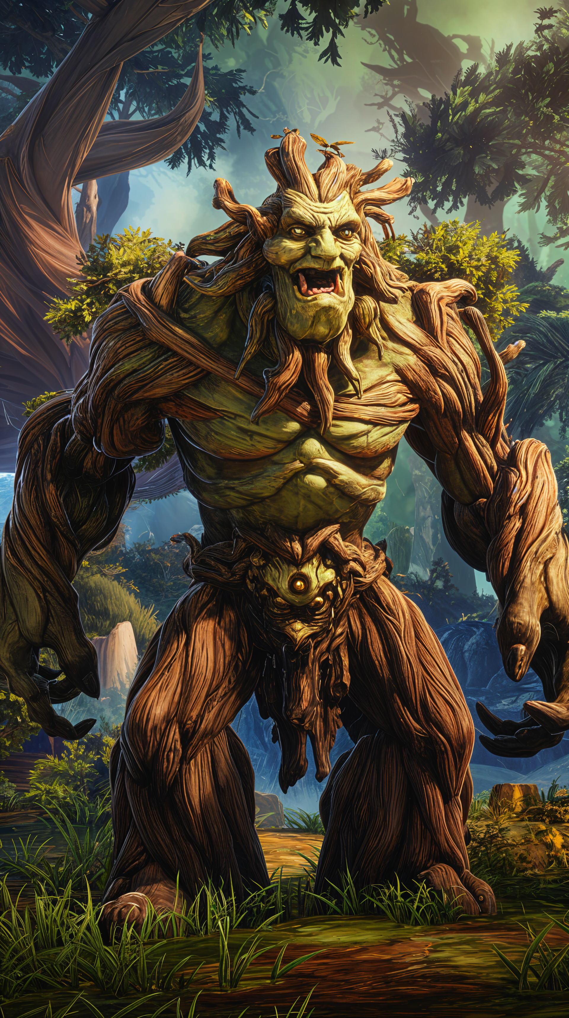 A majestic treant stands amidst a lush forest backdrop, showcasing its powerful form and intricate bark-like details, designed as a captivating phone wallpaper.