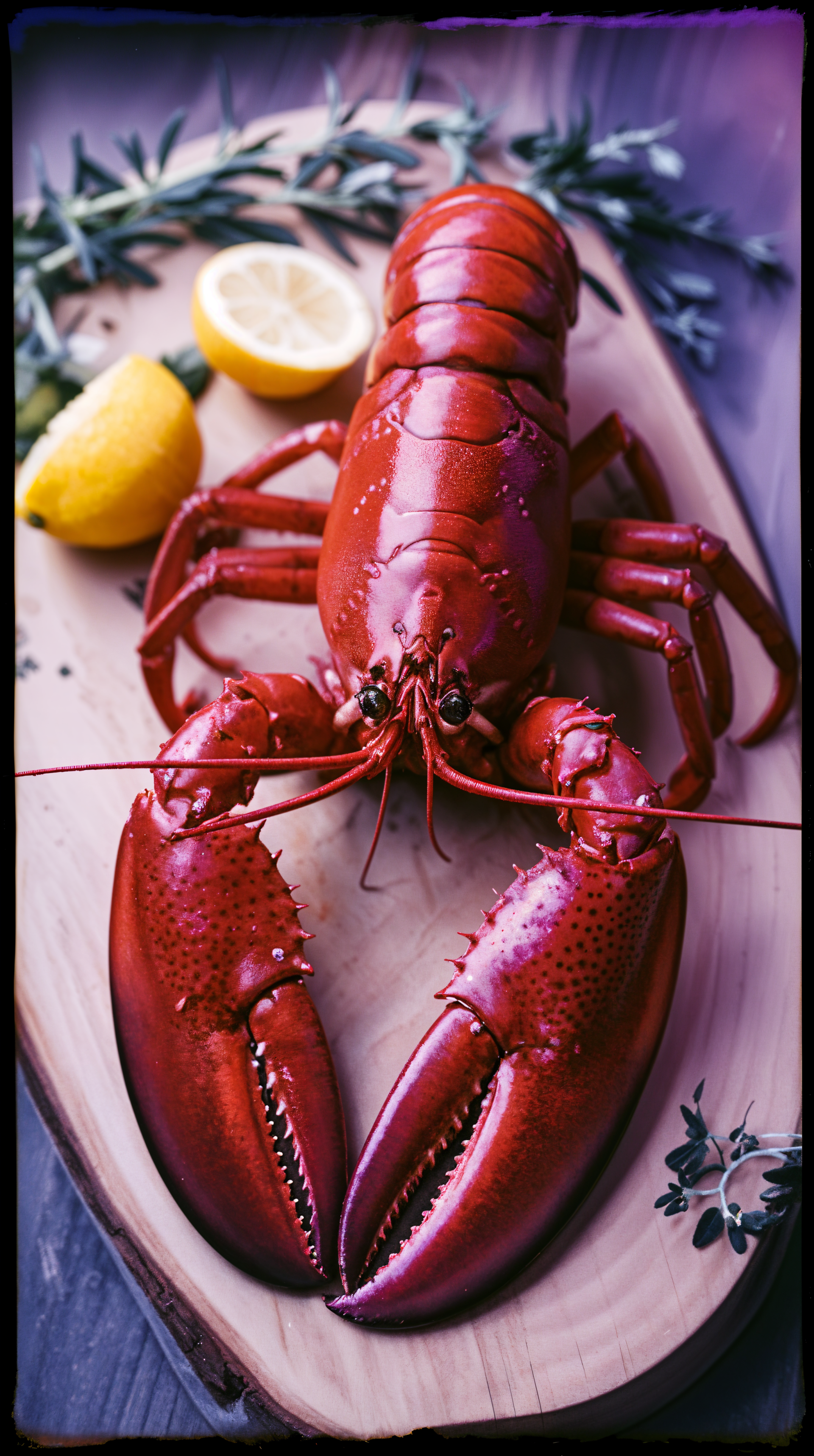 A vibrant red lobster, freshly prepared, sits on a wooden platter alongside a lemon and sprigs of herbs, making a striking phone wallpaper.