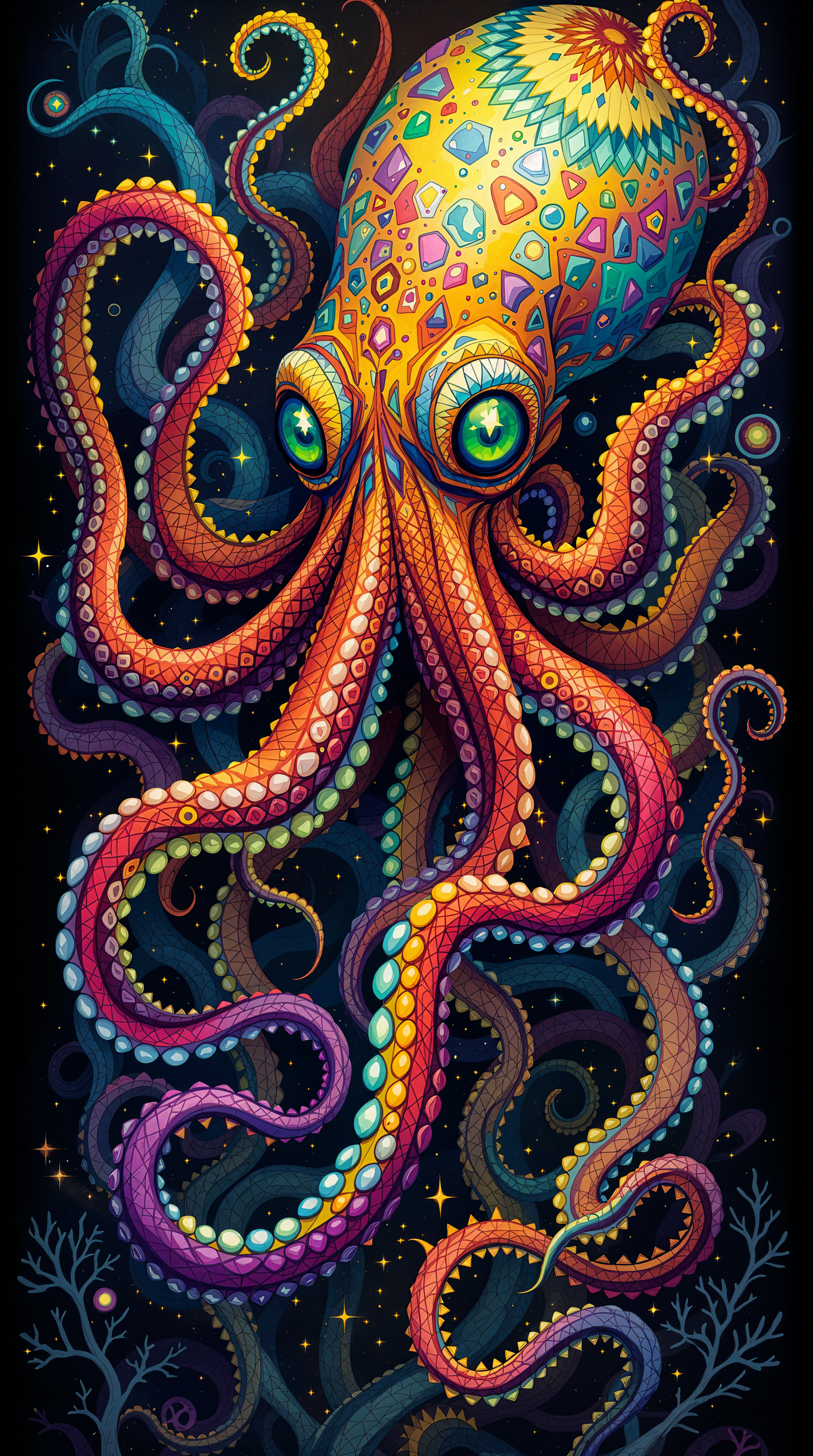 A vibrant and colorful kraken artwork, featuring an intricate octopus with swirling tentacles, set against a dark, starry background, designed as a striking phone wallpaper.
