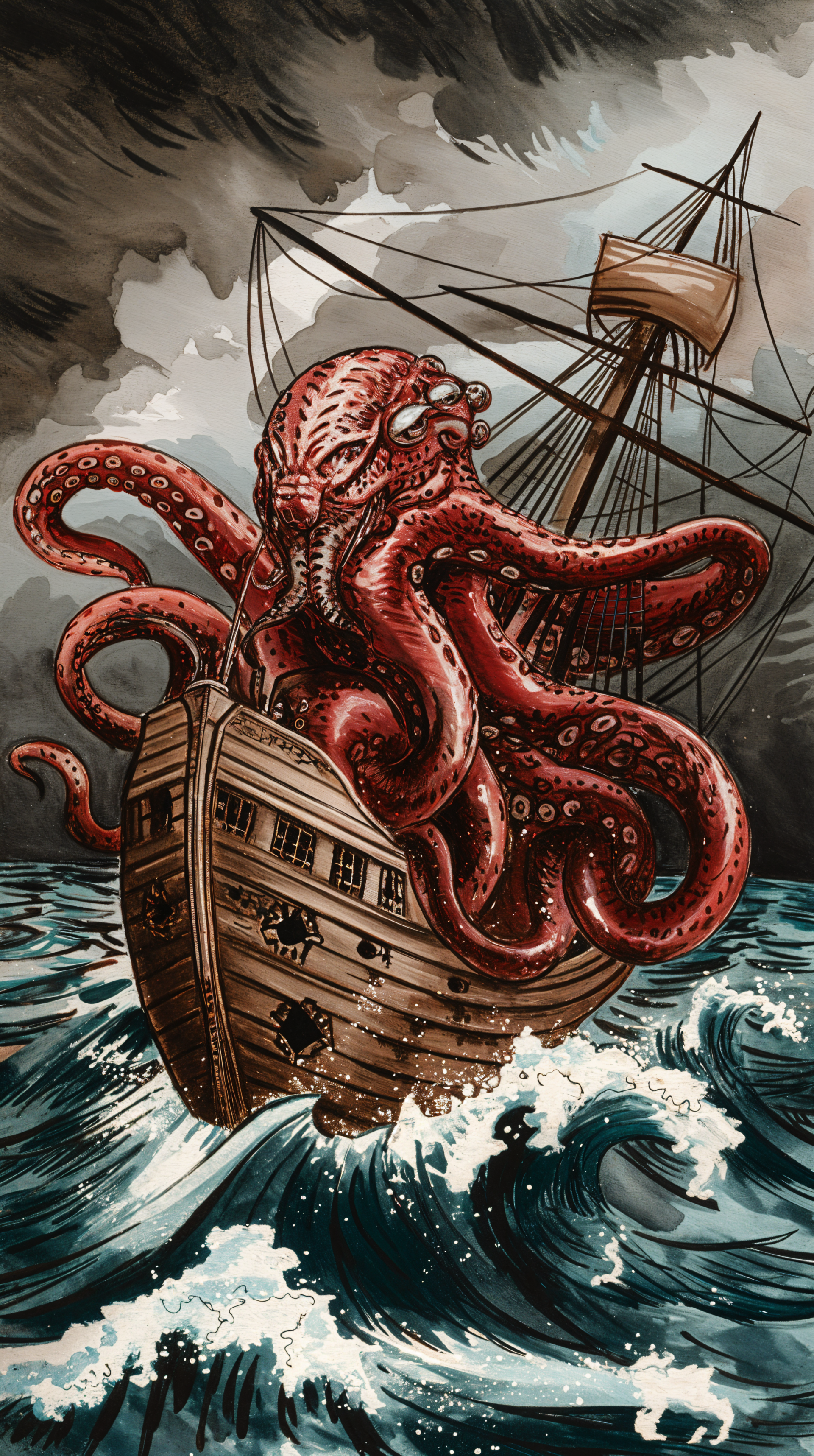 A dramatic phone wallpaper featuring a giant kraken emerging from turbulent waters, grasping a distressed ship with its large tentacles under stormy skies.