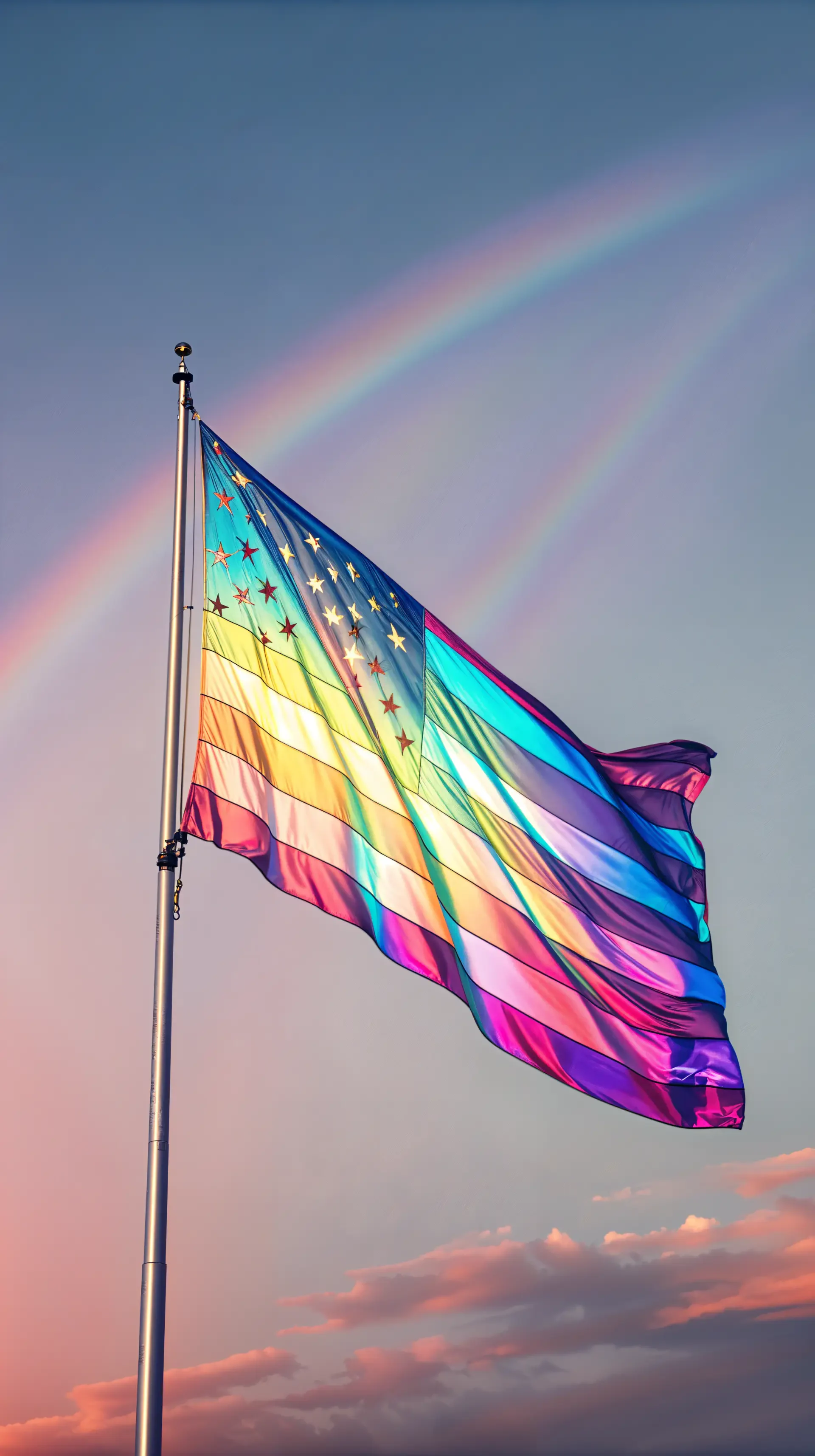 A vibrant flag waves against a colorful sky, with a rainbow in the background, creating a striking phone wallpaper that captures a sense of pride and beauty.