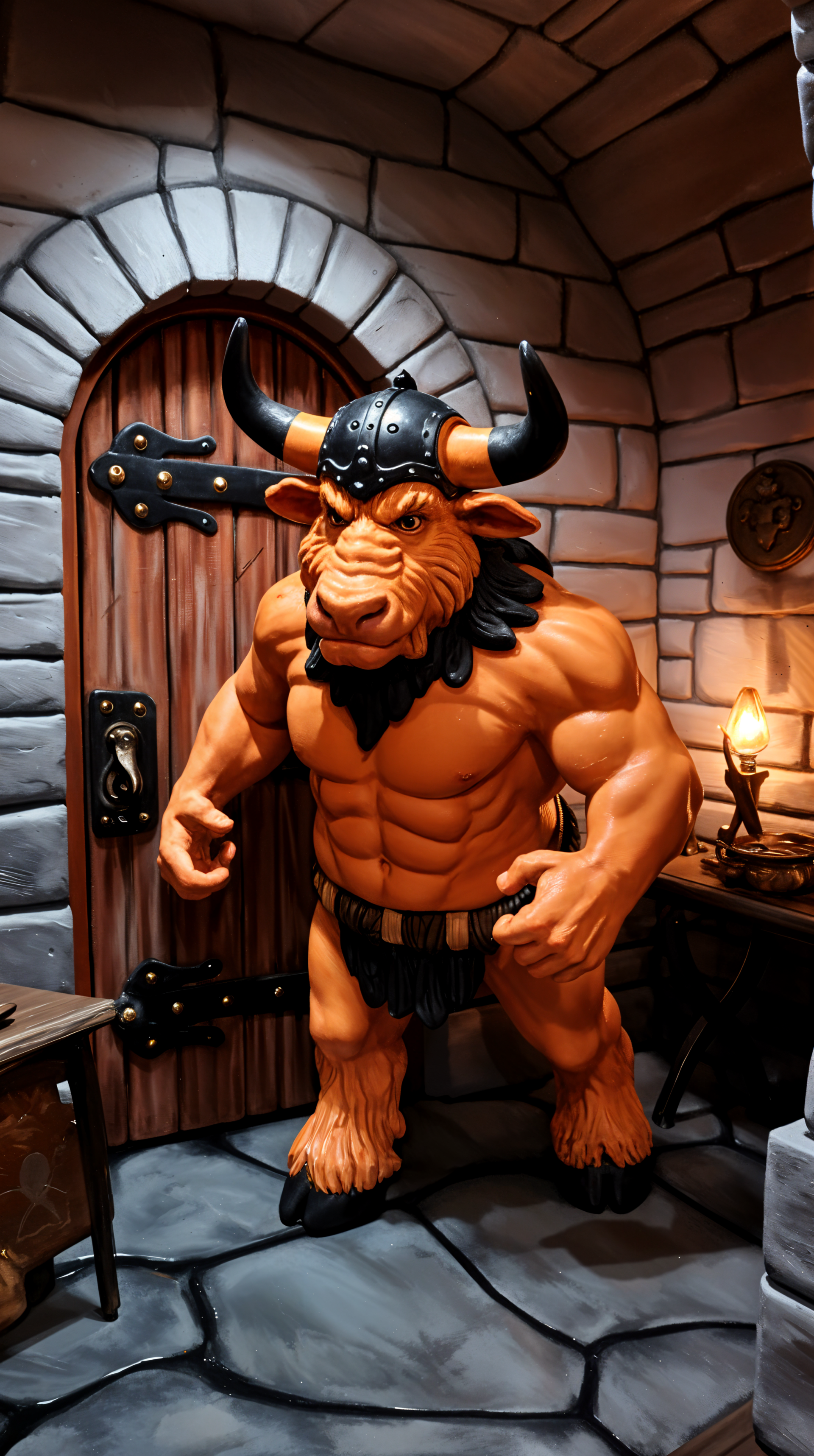 A fierce minotaur stands in a dimly lit stone room, with a wooden door behind it. This captivating image serves as a striking phone wallpaper.