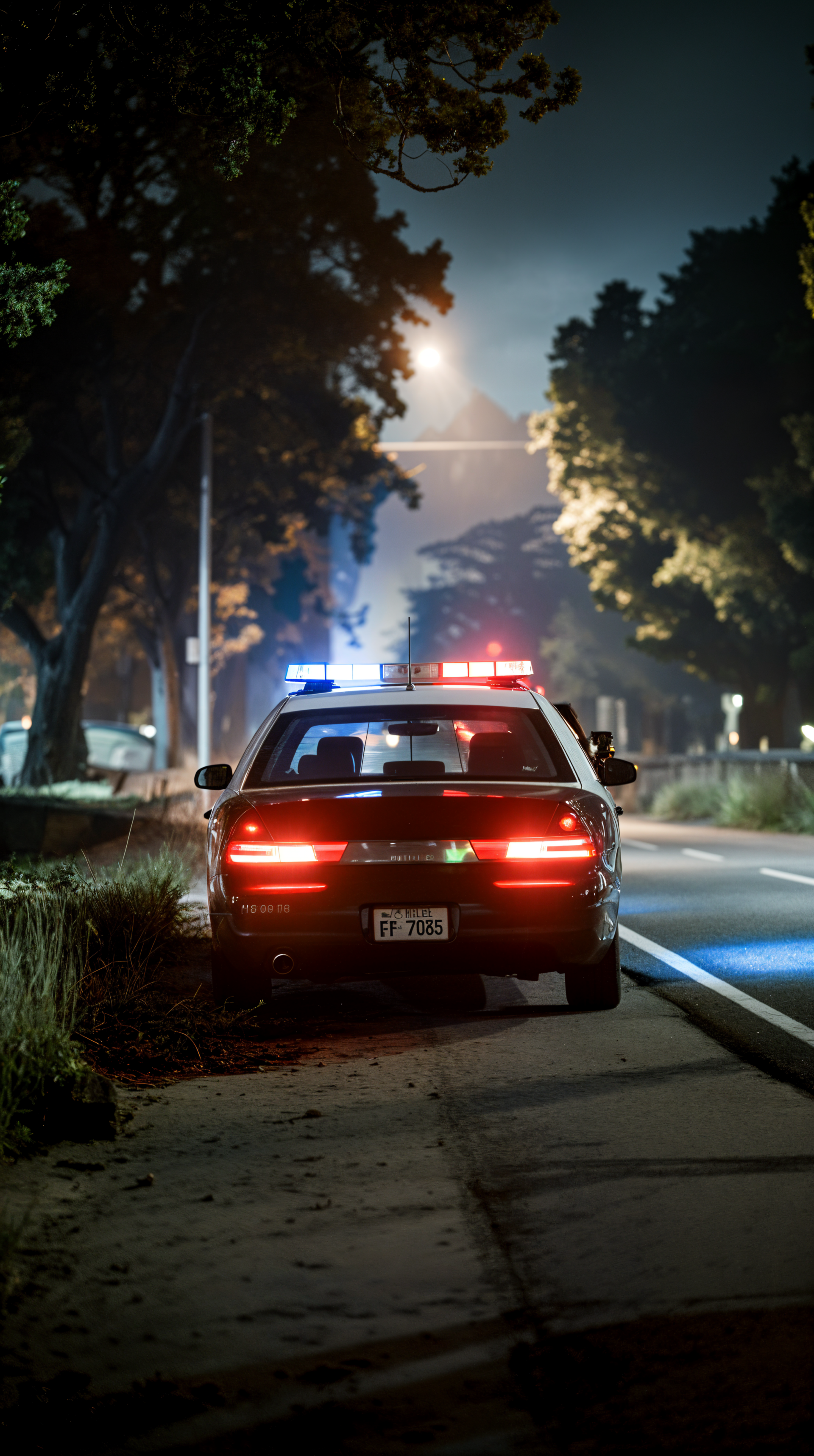 Rear view of a police car with emergency lights on, parked on a quiet road at night under trees, captured in a surveillance-style phone wallpaper for iPhones and Android.