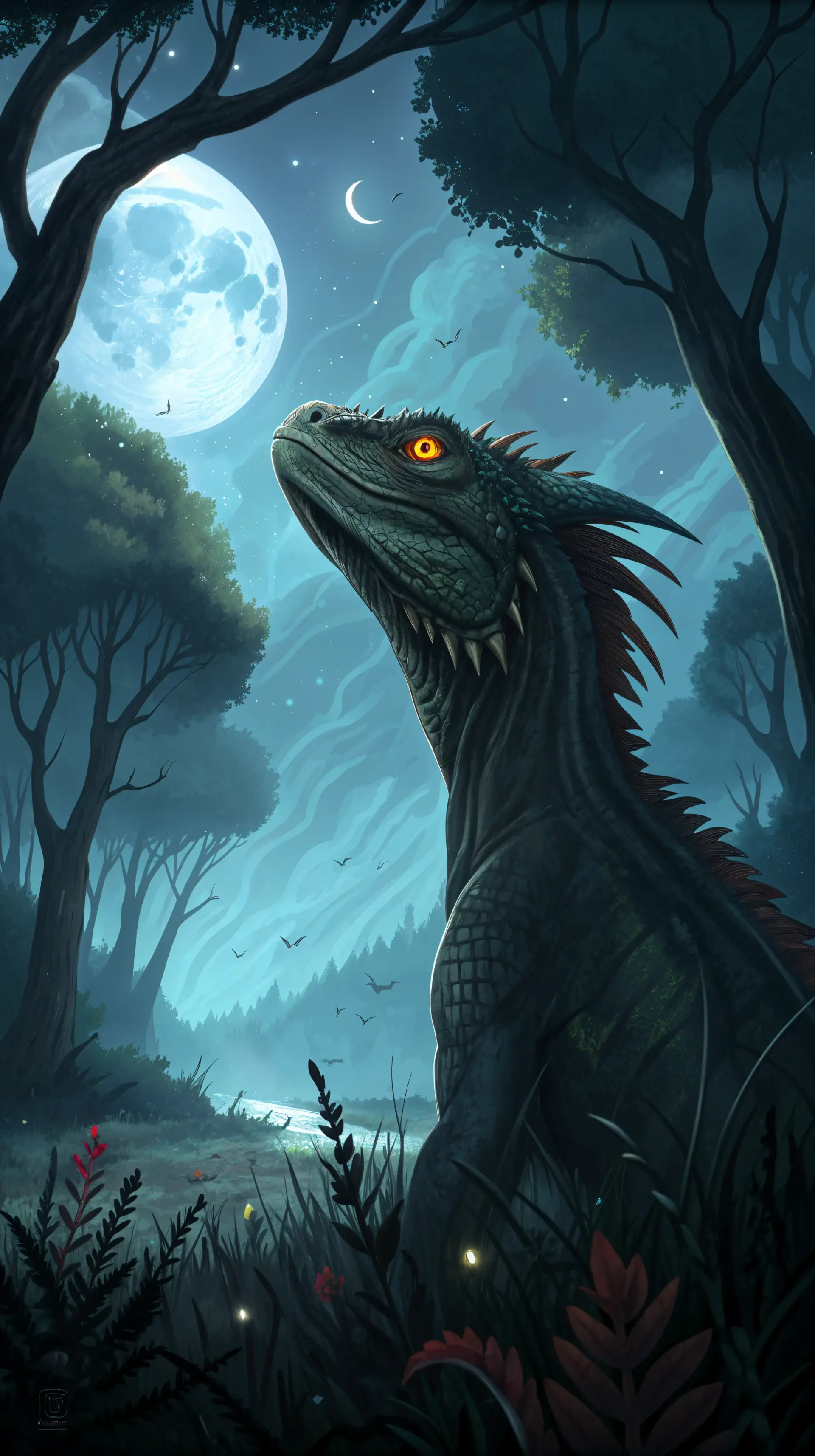 A majestic basilisk gazes at a full moon through a mystical forest, surrounded by dark trees and vibrant foliage, creating an enchanting wallpaper scene.