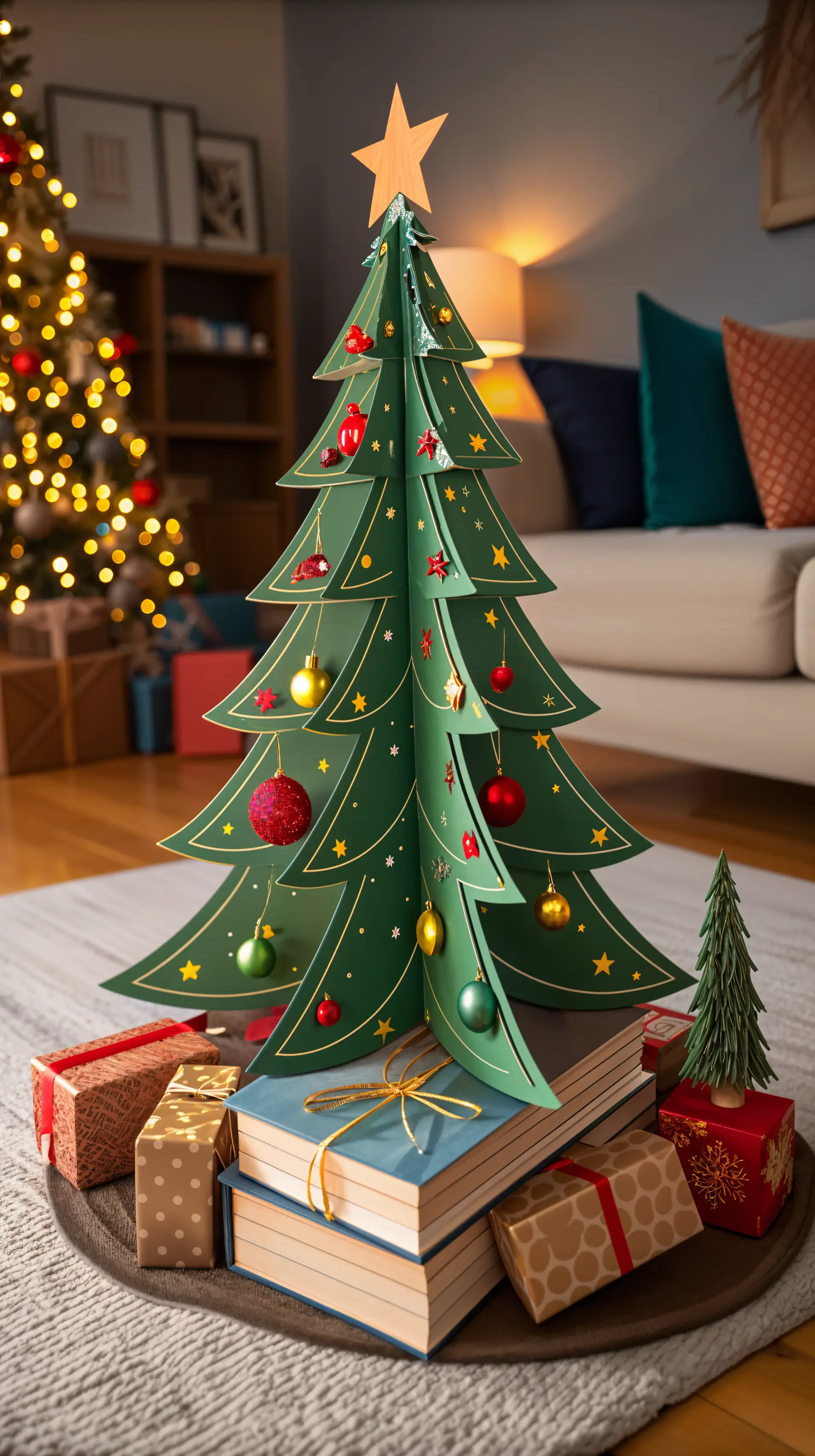 A festive phone wallpaper featuring a layered paper Christmas tree adorned with ornaments, resting on stacked books surrounded by wrapped gifts in a cozy living room setting.