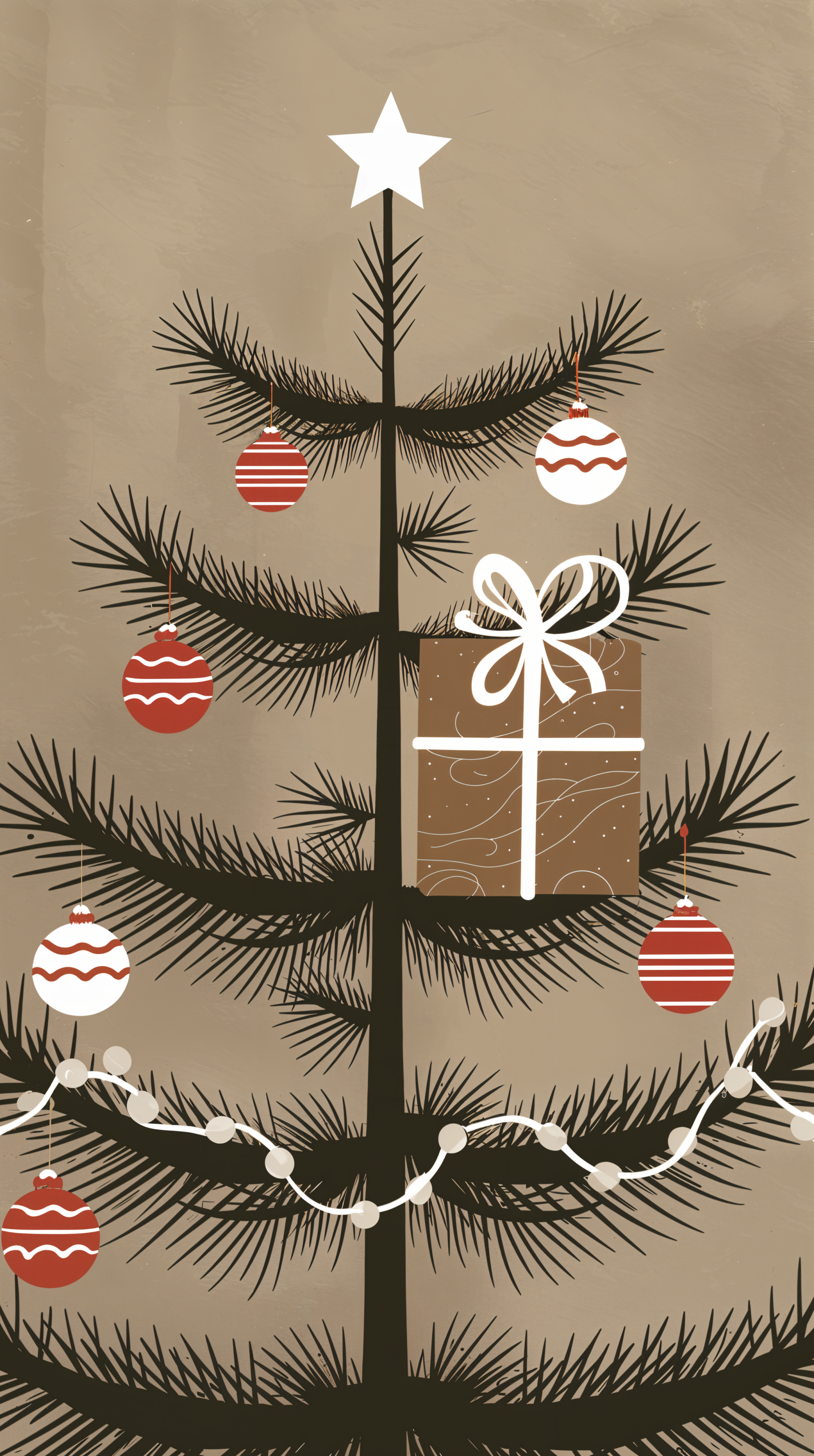 A stylized Christmas tree adorned with ornaments and a gift at its center, set against a warm background, creates a festive phone wallpaper.