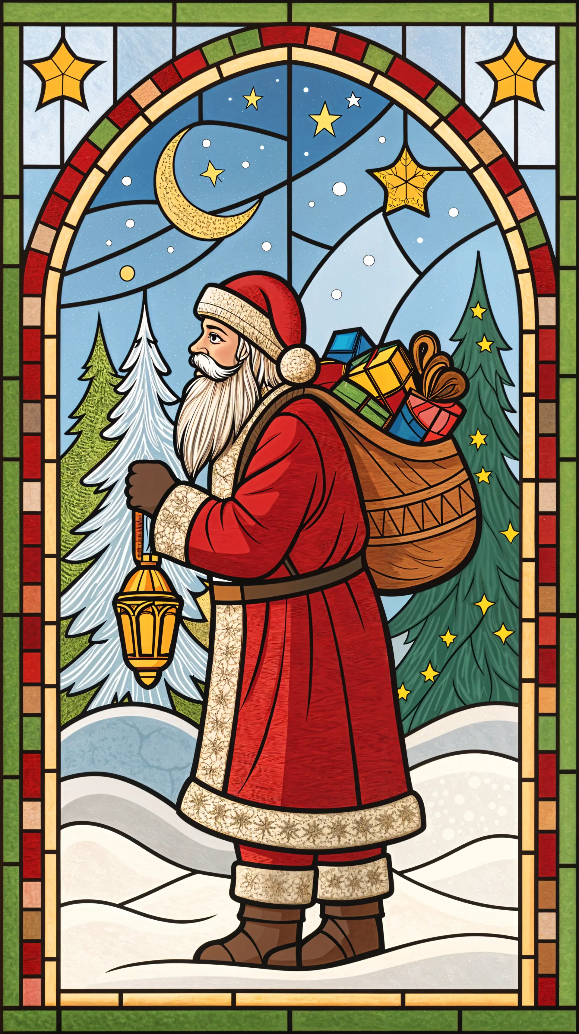 A festive phone wallpaper featuring Santa Claus, dressed in red, carrying a lantern and a bag of gifts, framed by snowy trees and a starry night sky.