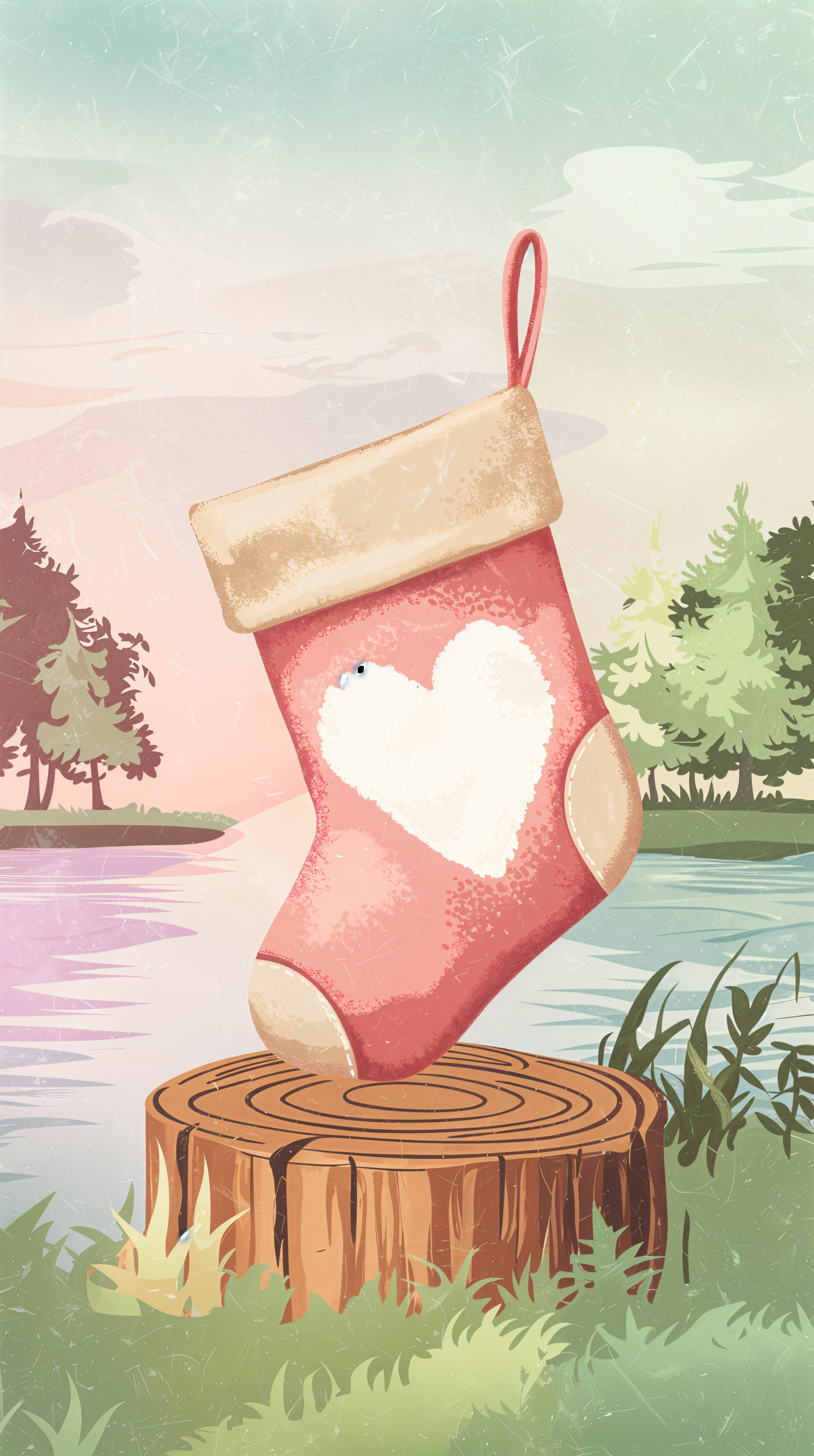 A whimsical pink stocking with a heart design hangs on a tree stump by a serene lake, creating a charming and cozy phone wallpaper.