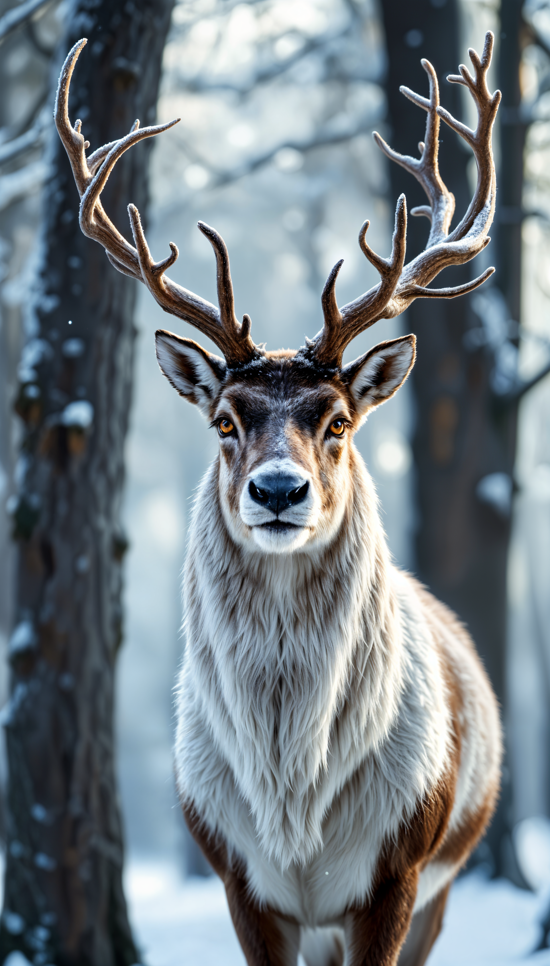 Close-up of a reindeer standing in a snowy forest, showcasing nature's wildlife in crisp winter surroundings, designed as a phone wallpaper for iPhones and Android devices.