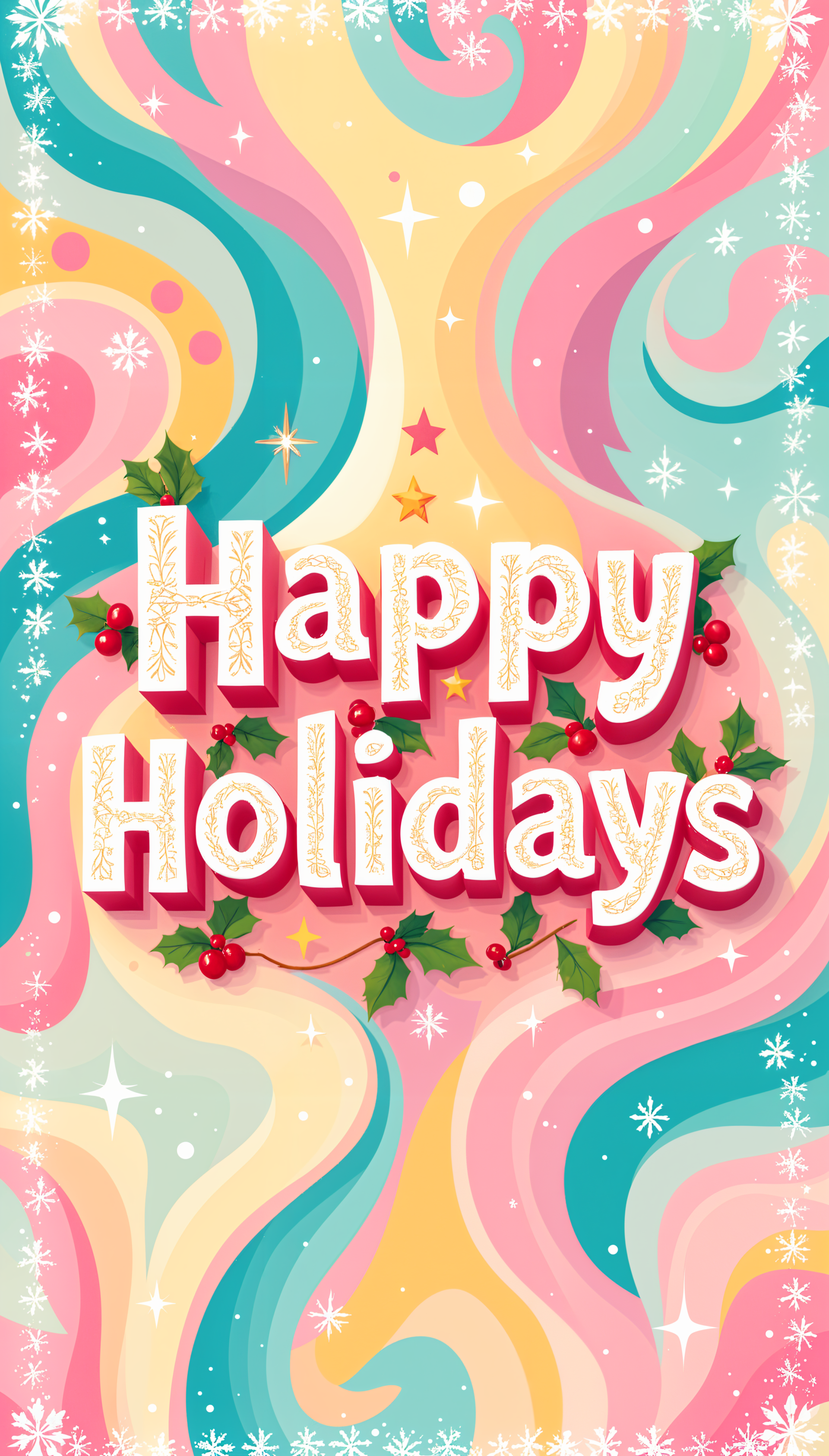 A colorful phone wallpaper featuring cheerful swirls and festive elements, prominently displaying the phrase Happy Holidays adorned with holly and stars.