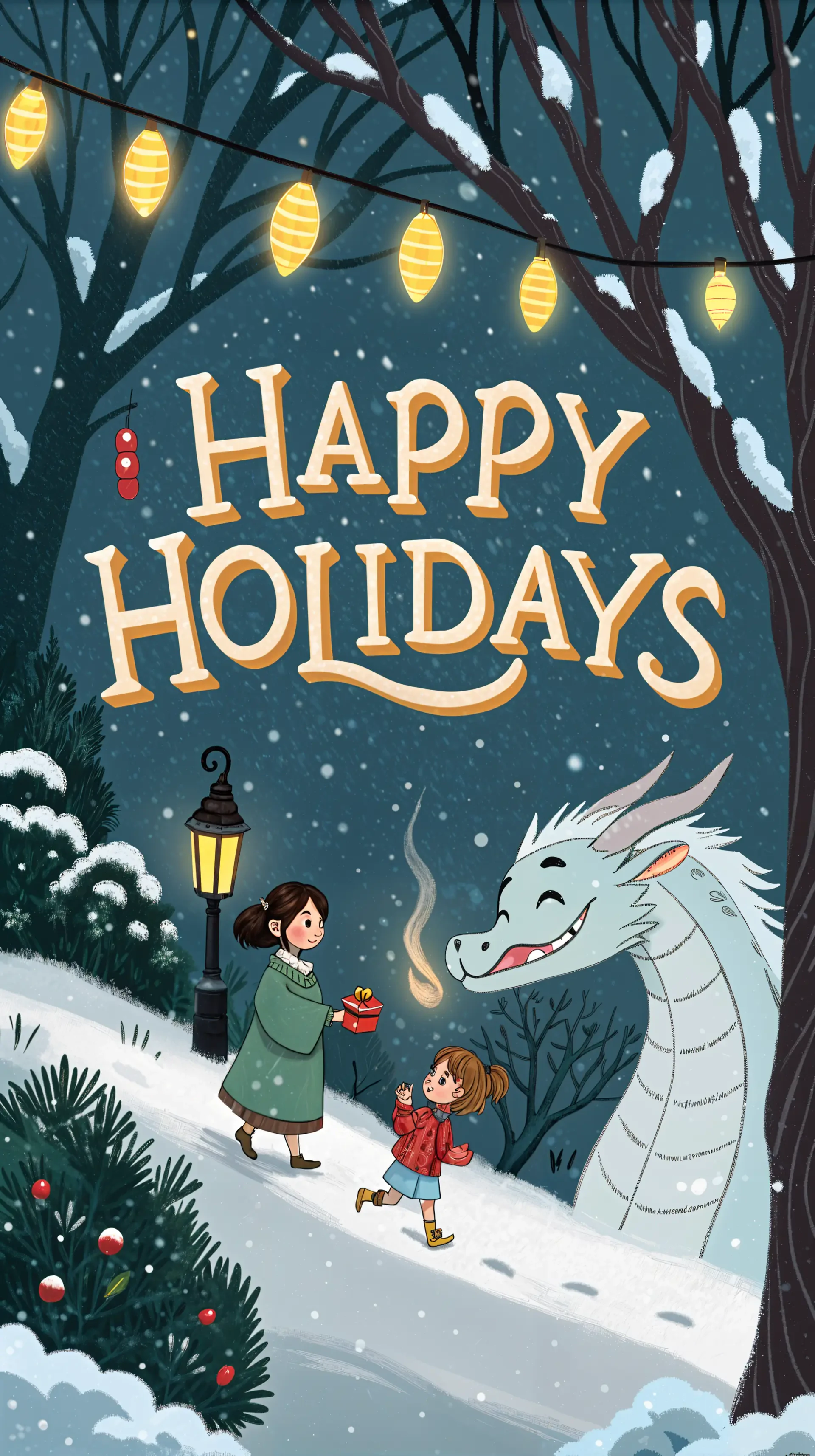 A whimsical winter scene featuring a smiling dragon and two characters sharing a festive moment, surrounded by snow and glowing lights, with Happy Holidays prominently displayed.