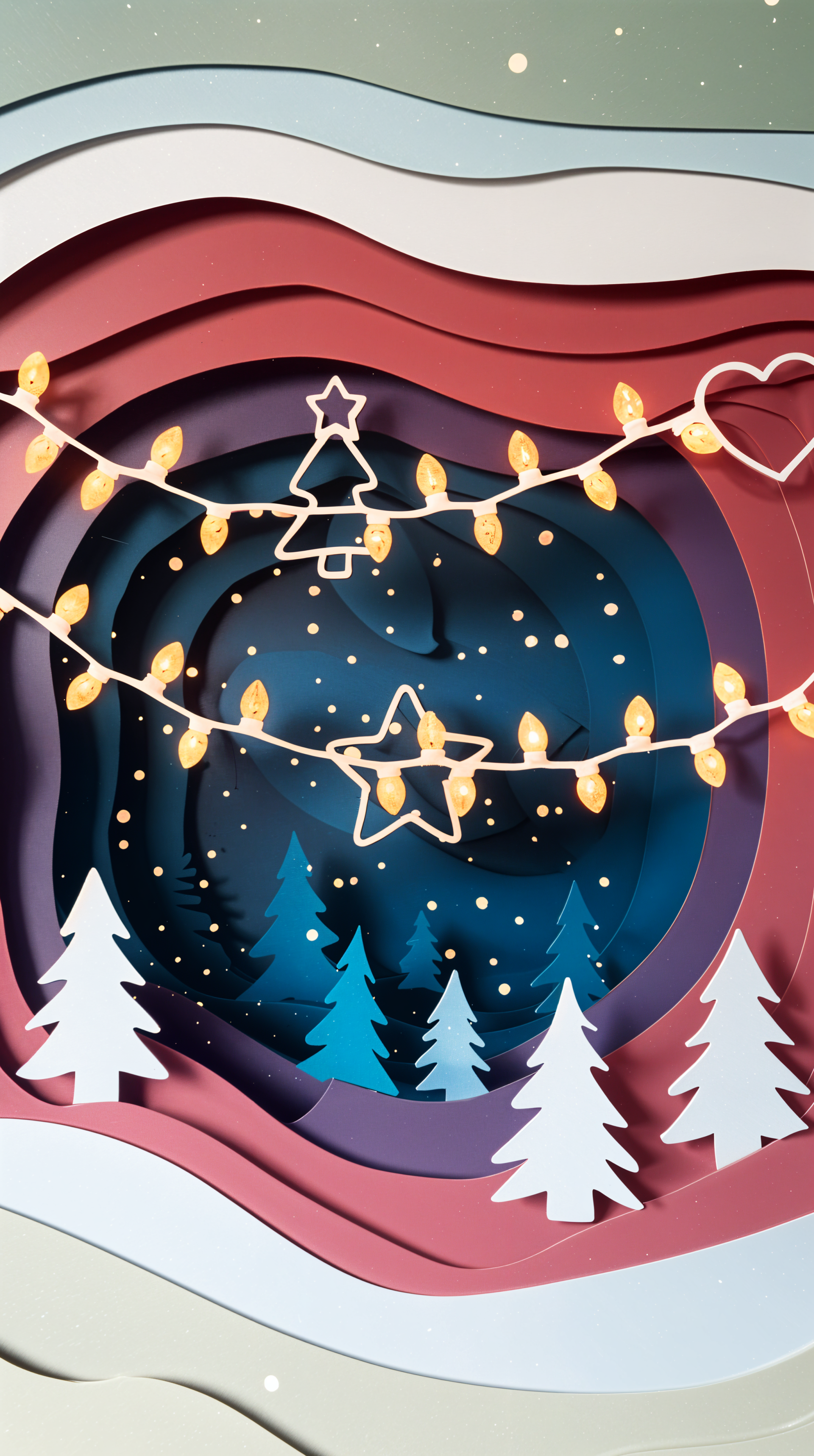 A festive phone wallpaper featuring layered paper art with Christmas lights, a tree, and a star, set against a backdrop of snowy trees and a starry night sky.